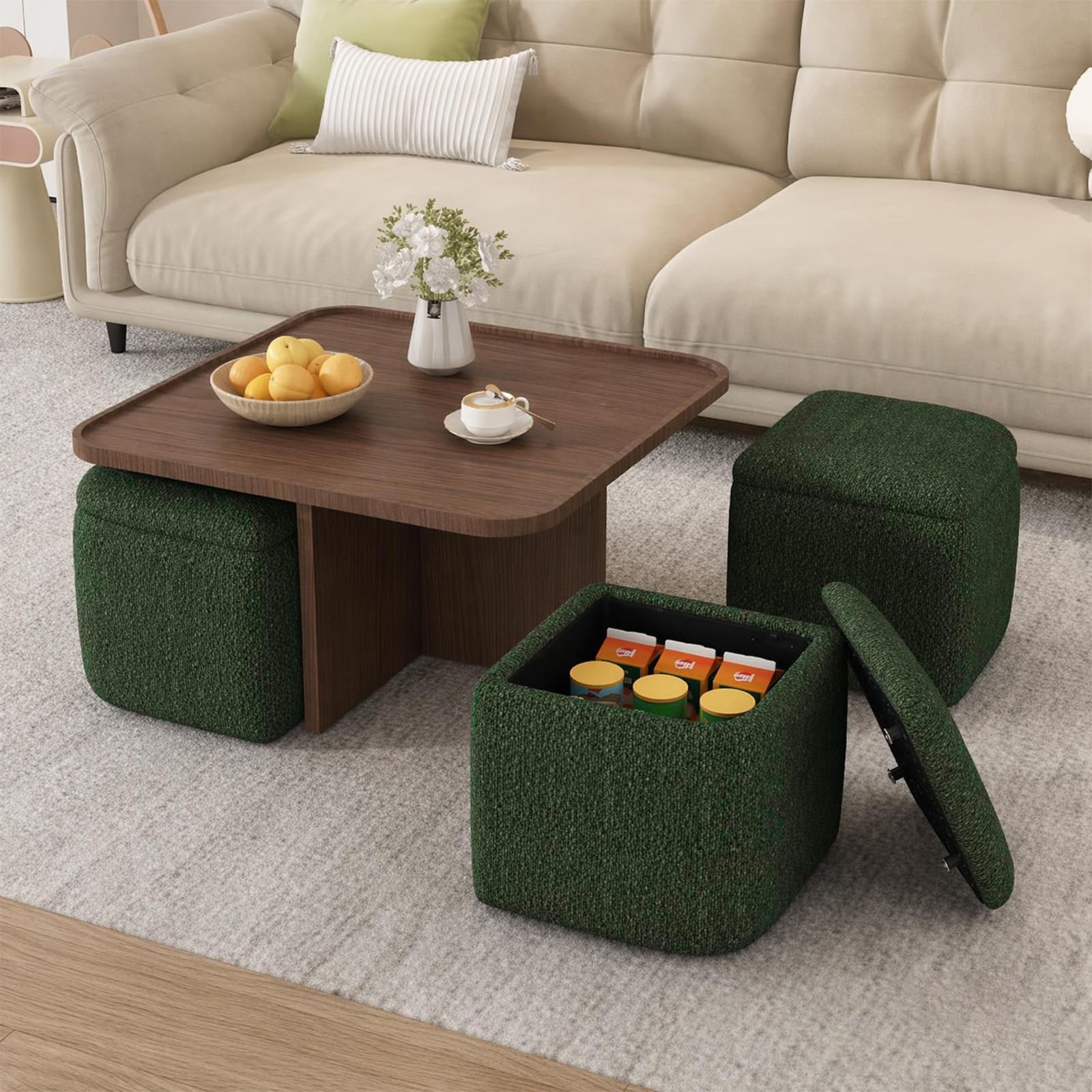 Runder Couchtisch mit 4 Hockern & Stauraum, 80 cm, platzsparend