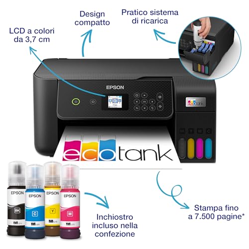 Epson EcoTank ET 2821 Stampante Multifunzione 3 in 1 A4, Serbatoi Ricaricabili Alta Capacità, 4 Flaconi Inclusi pari a 3600pag B/N 6500pag Colore, Display LCD USB Wi Fi/Direct, Nero : Amazon.it: Informatica