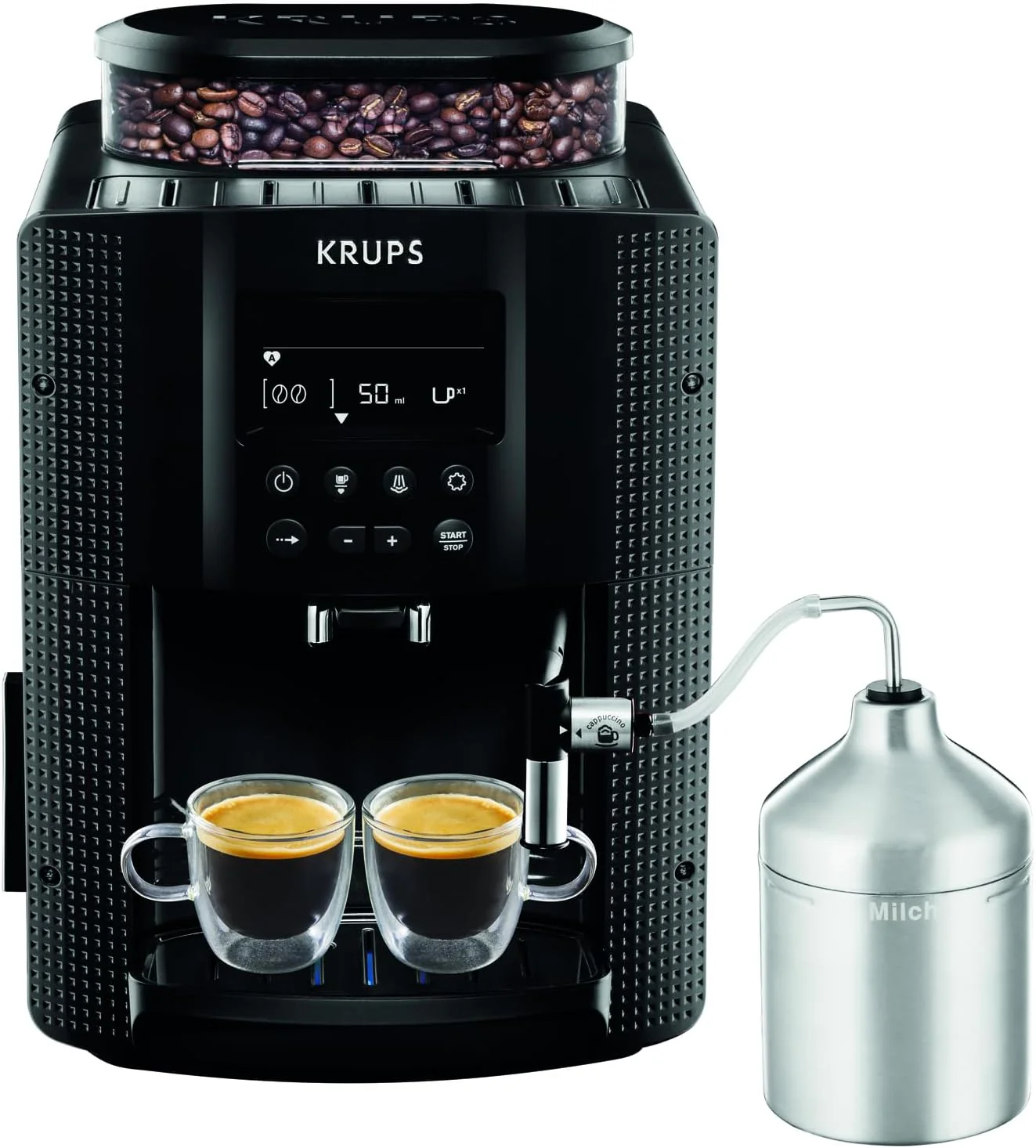Krups Essential Kaffeevollautomat mit Milchschlauch, 2-Tassen-Funktion, LCD-Display, Einfache Reinigung, Kaffeemaschine, TÜV-Siegel, Schwarz, EA816031