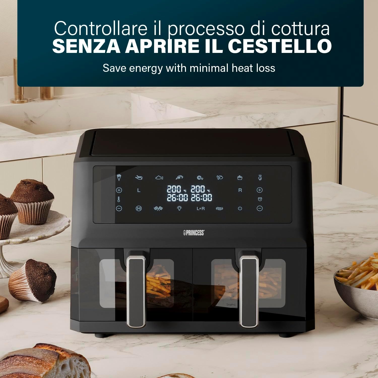 Princess XXL Friggitrice senza olio con doppio cestello - 11 L - Senza BPA e PFAS - Fine cottura sincronizzato - 8 programmi - Finestra di visualizzazione - 2400 W - 2x5,5 L - 182276