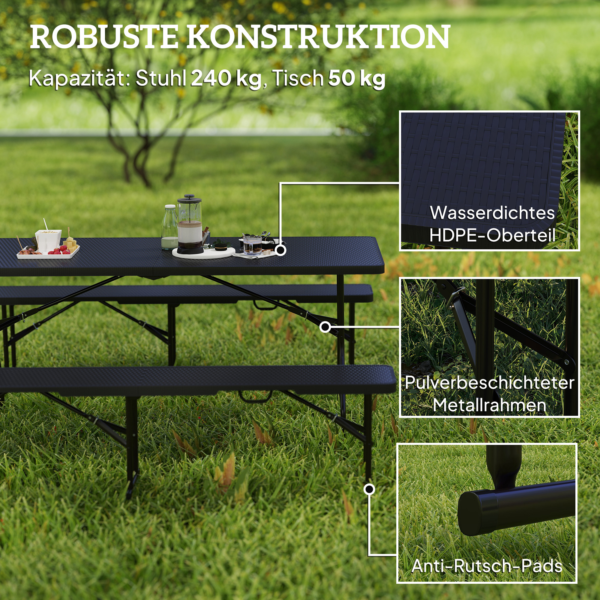 Outsunny Picknicktafel en Banken, 3-Delige Set, Opvouwbaar, Kunststof, Metaal, Zwart