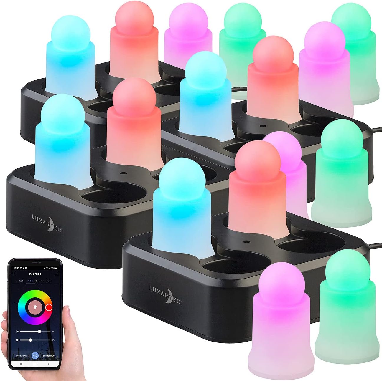 Lunartec LED Kerze Ladestation: 16er-Set wetterfeste LED-RGBWW-Kerzen mit Akku und Ladeschale, App (aufladbare Kerzen-Sets, mit Ladestation, Flamme)