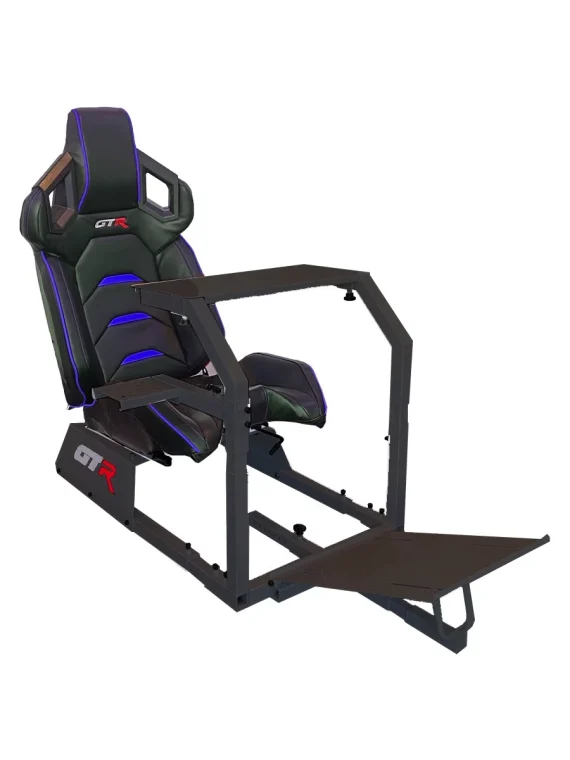 GTA Model Racing Simulator Cockpit Black Frame with Black/Blue Pista Adjustable Leatherette Racing Seat