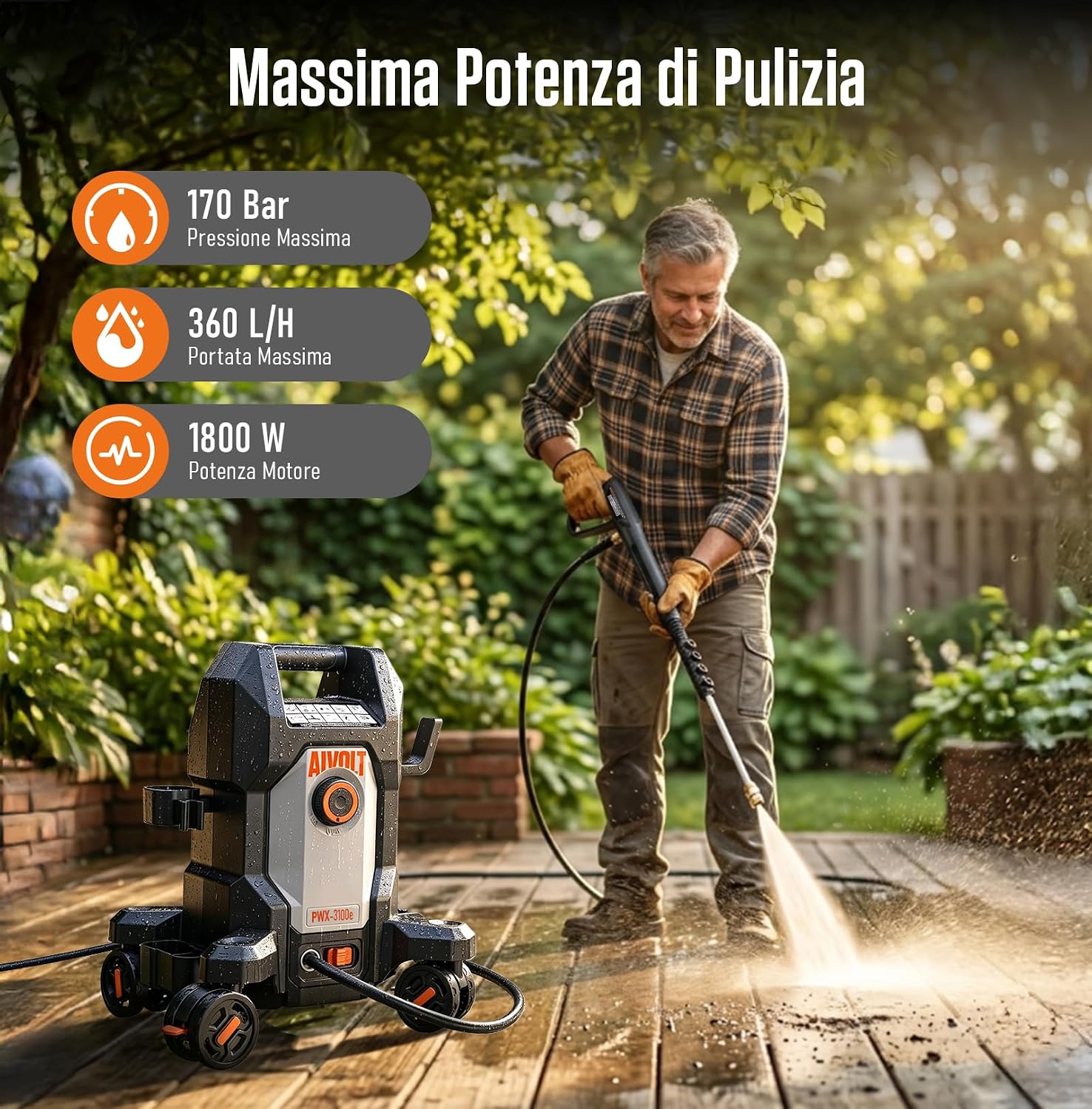 AIVOLT Idropulitrice ad Alta Pressione da 1800W, 170 Bar