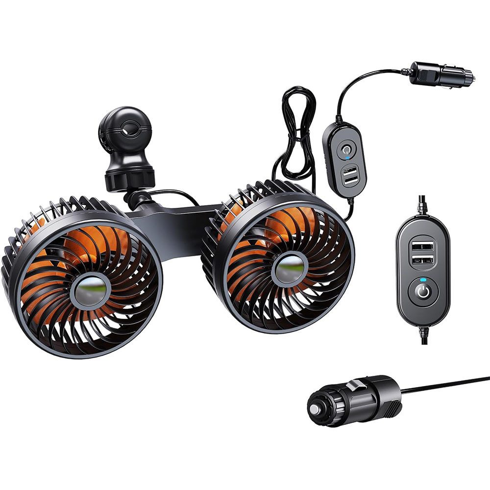 Handventilator Auto Ventilator 12V/24V, Doppelter Kopf Ventilatoren für den Rücksitz