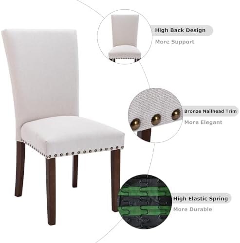 COLAMY Upholstered Parsons Dining Chairs Set of 2, Fabric Dining Room Kitchen Side Chair with Nailhead Trim and Wood Legs - Beige