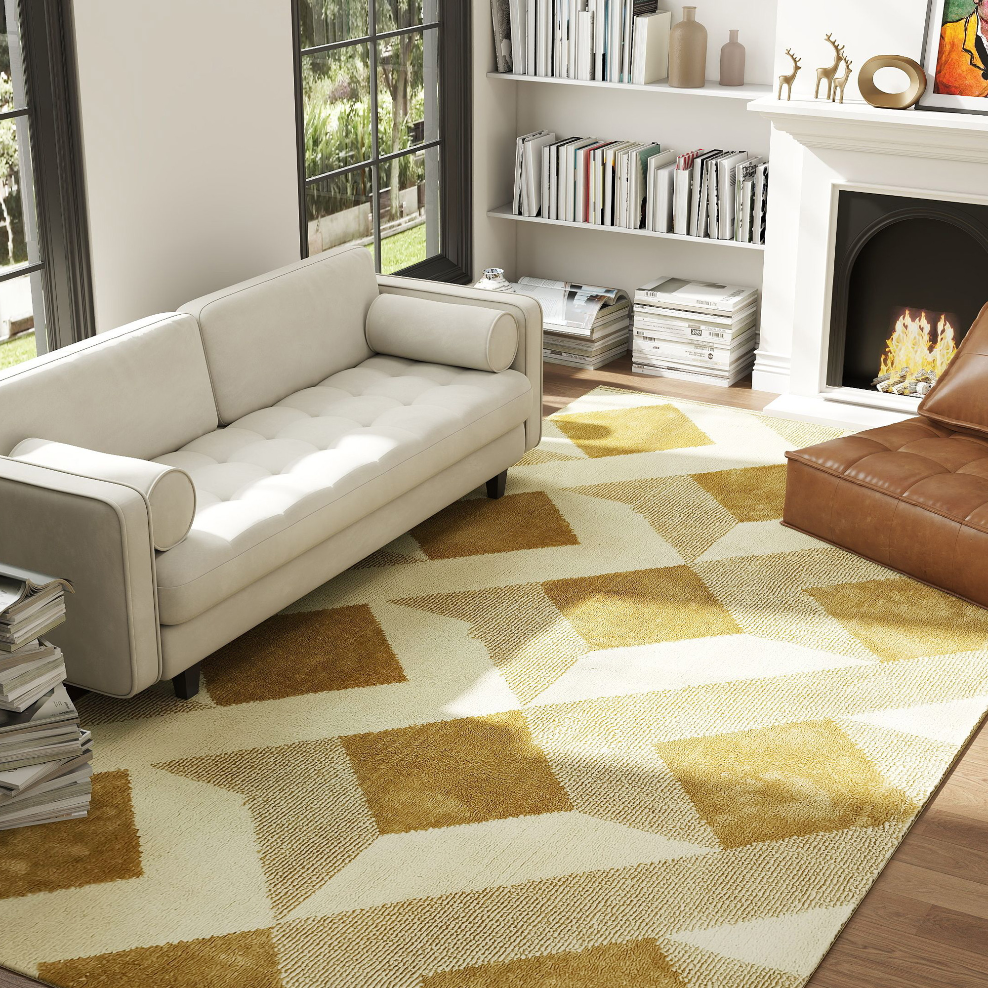 HOMCOM Teppich Wohnzimmer 230 x 160 cm Kurzflor maschinenwaschbar hypoallergen für Wohnzimmer, Schlafzimmer, Büro, Gelb