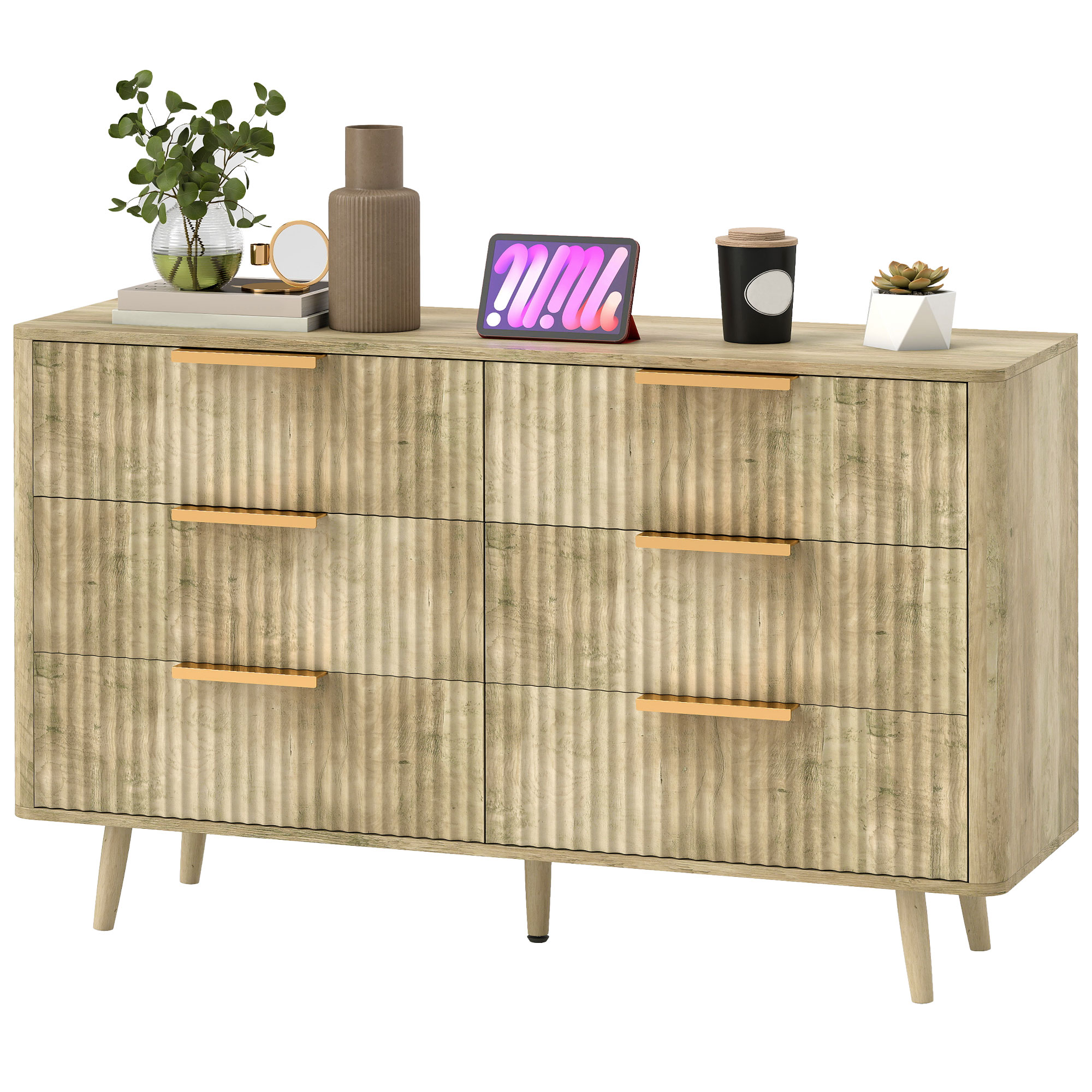 HOMCOM Kommode 6 Schubladen skandinavisch mit Griffen und Kieferfüßen, für Schlafzimmer, Wohnzimmer, Flur, 120x40x76cm, Eiche