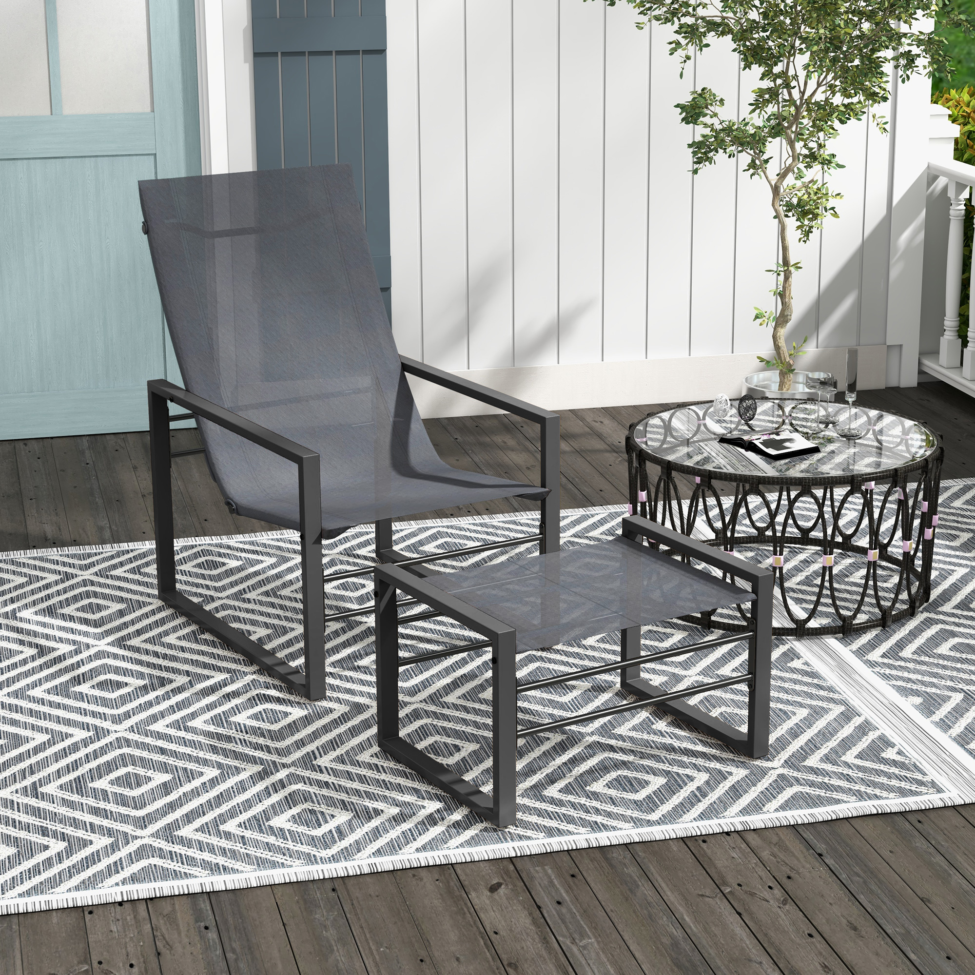 Outsunny Garten Relaxsessel mit Fußstütze, Liegestuhl, Metallstruktur und luftdurchlässigem Mesh-Gewebe - grau