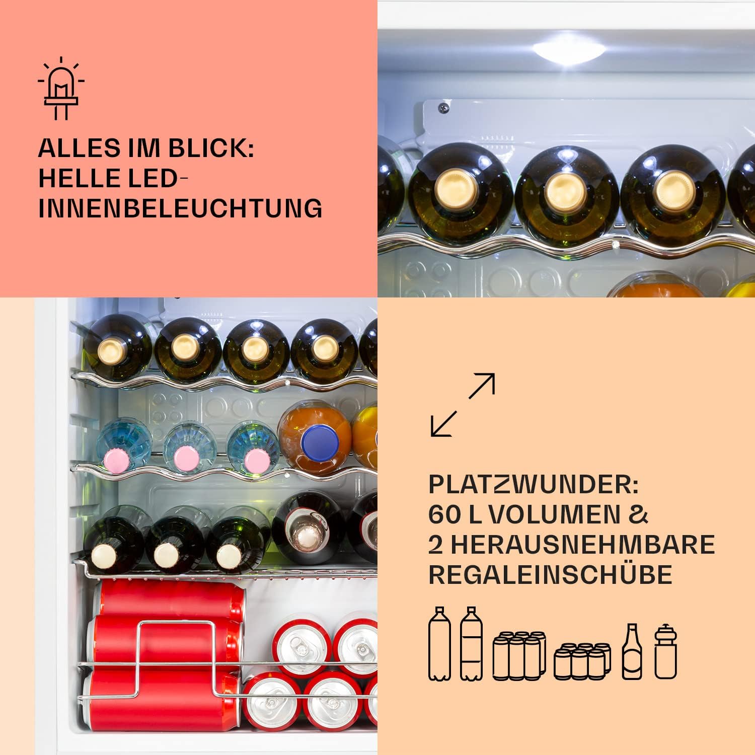 Klarstein Mini Kühlschrank mit Glastür, Mini, für Zimmer, Getränkekühlschrank Klein mit Verstellbaren Ablagen, mit Wellenform-Racks, 60 Liter Kühlschrank Leise