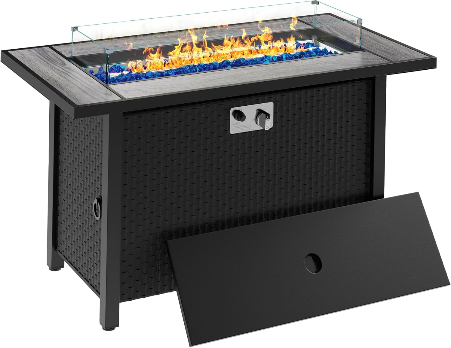 Meilocar 45in Fire Table  Propane Fire Pit with Glass Wind Guard and Rain Cover  Outdoor Firepit Table 50000 BTU 3-in-1 Fire Table for Patio/Yard/Balcony  Gray Tabletop
