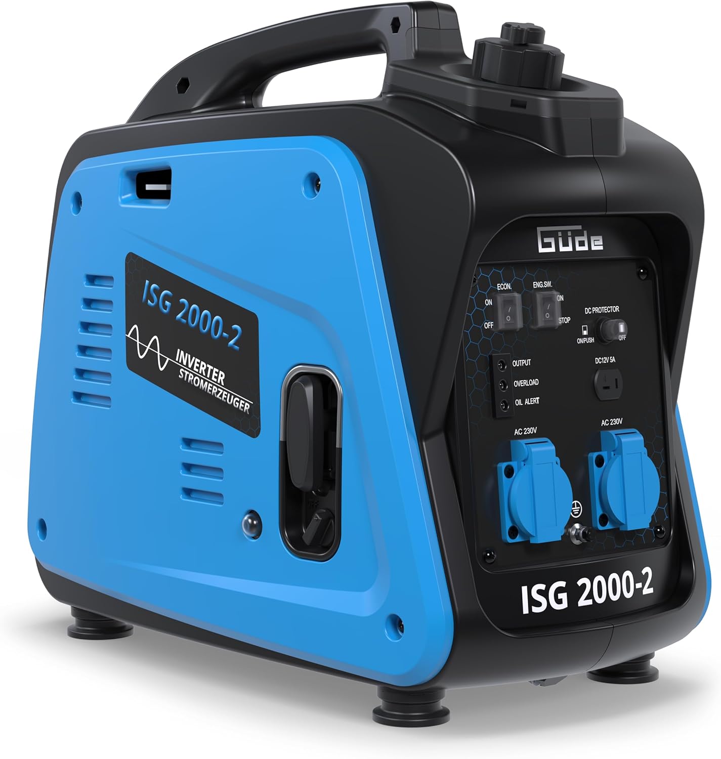 Güde Inverter Stromerzeuger ISG 2000-2 (4-Takt-OHV-Benzinmotor, 2,11/2,86 (kW/PS), max. 2000 W, 2x 230 V, Laufzeit bis 5,9 h, Tankinhalt 4,1 l, Überlastungsschutz, ECO-Funktion, Antivibrationsfüße)
