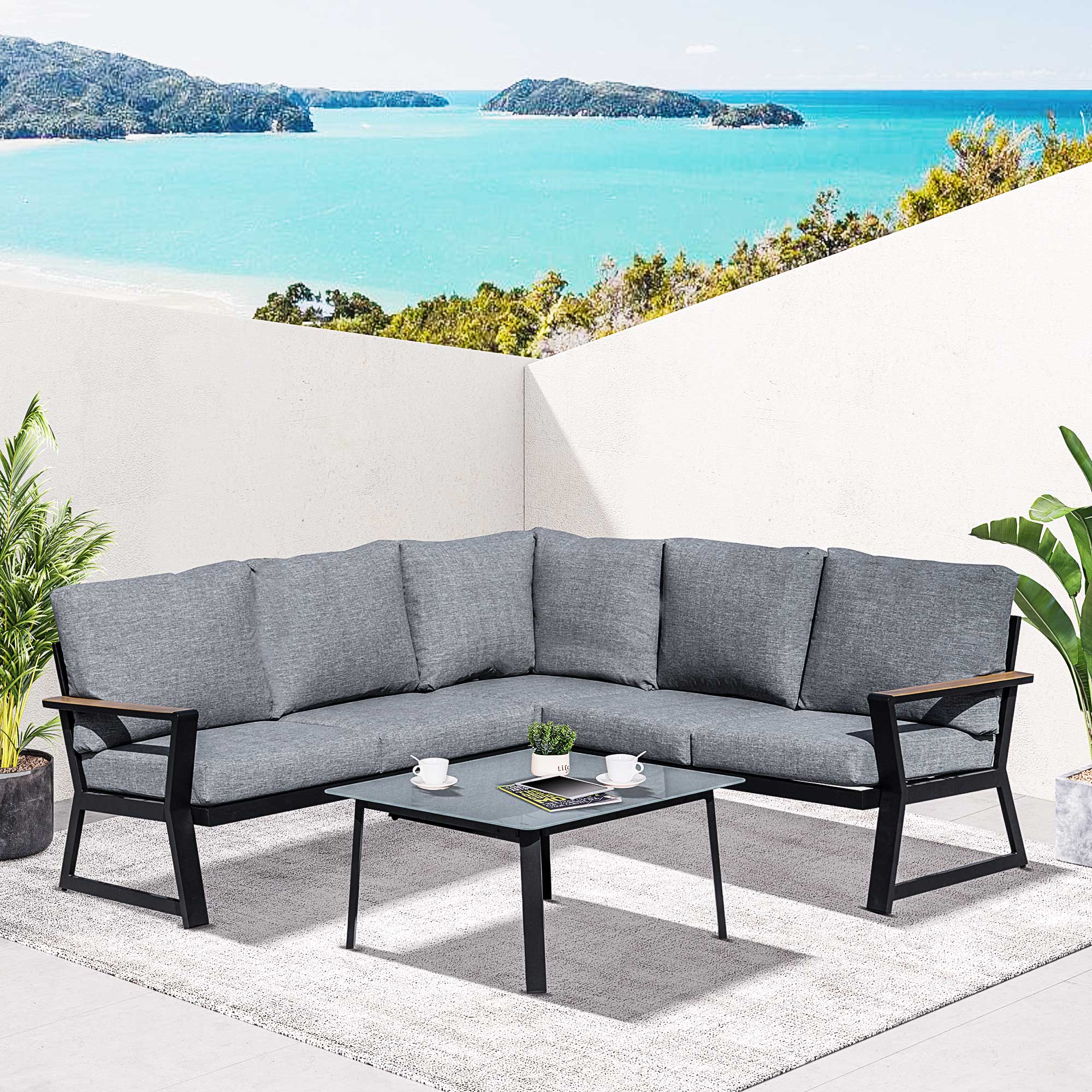 Outsunny Gartenmöbel-Set für 4 Personen, Gartenmöbel, 1 Ecksofa und 1 Couchtisch, Aluminium Schwarz + Grau