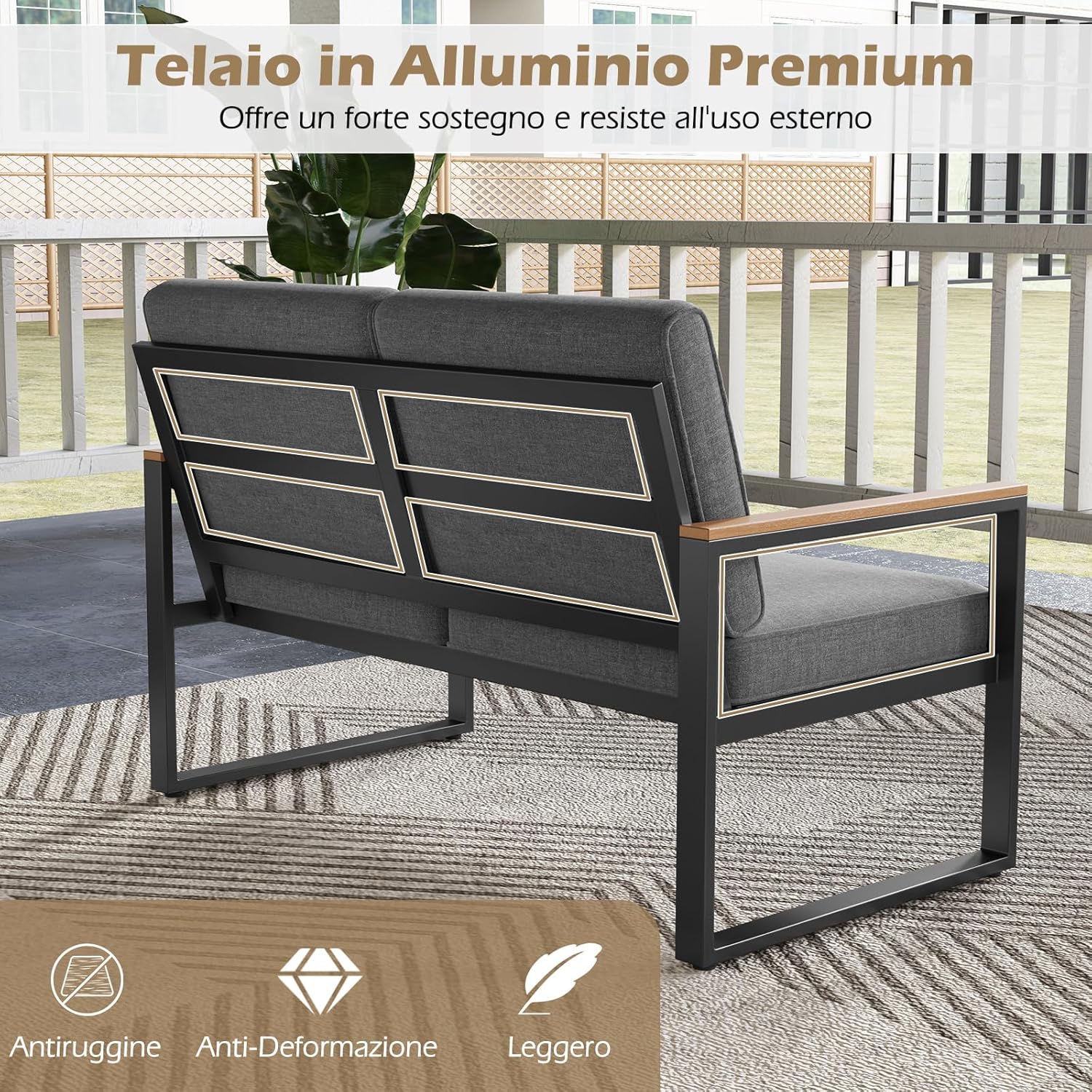 COSTWAY 2 Piece Aluminium Garden Set Garden Table and Armchair Set, Outdoor Conversation Set, Padded Sectional Sofa with Coffee Table, Patio Balcony