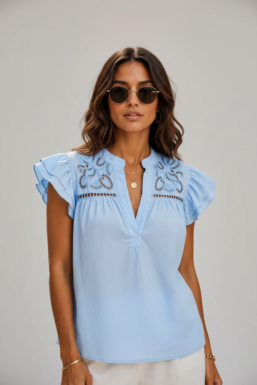 Embroidered Bohemian Ruffle Blouse �C Blue | Women's Luxury Cotton Top