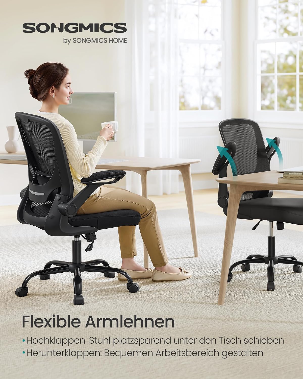 SONGMICS Ergonomischer Bürostuhl mit klappbaren Armlehnen und höhenverstellbarem Sitz