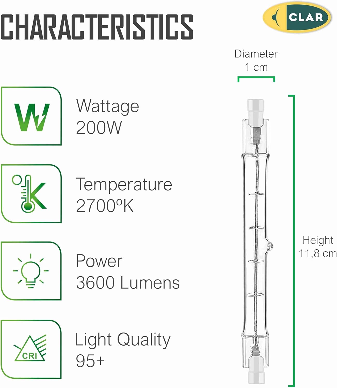 CLAR - Halogen Leuchtmittel 200W R7S 118mm Dimmbar, Halogenstab 78mm, Leuchtmittel R7S, Ersatz Für Halogenstäbe (Pack 100)