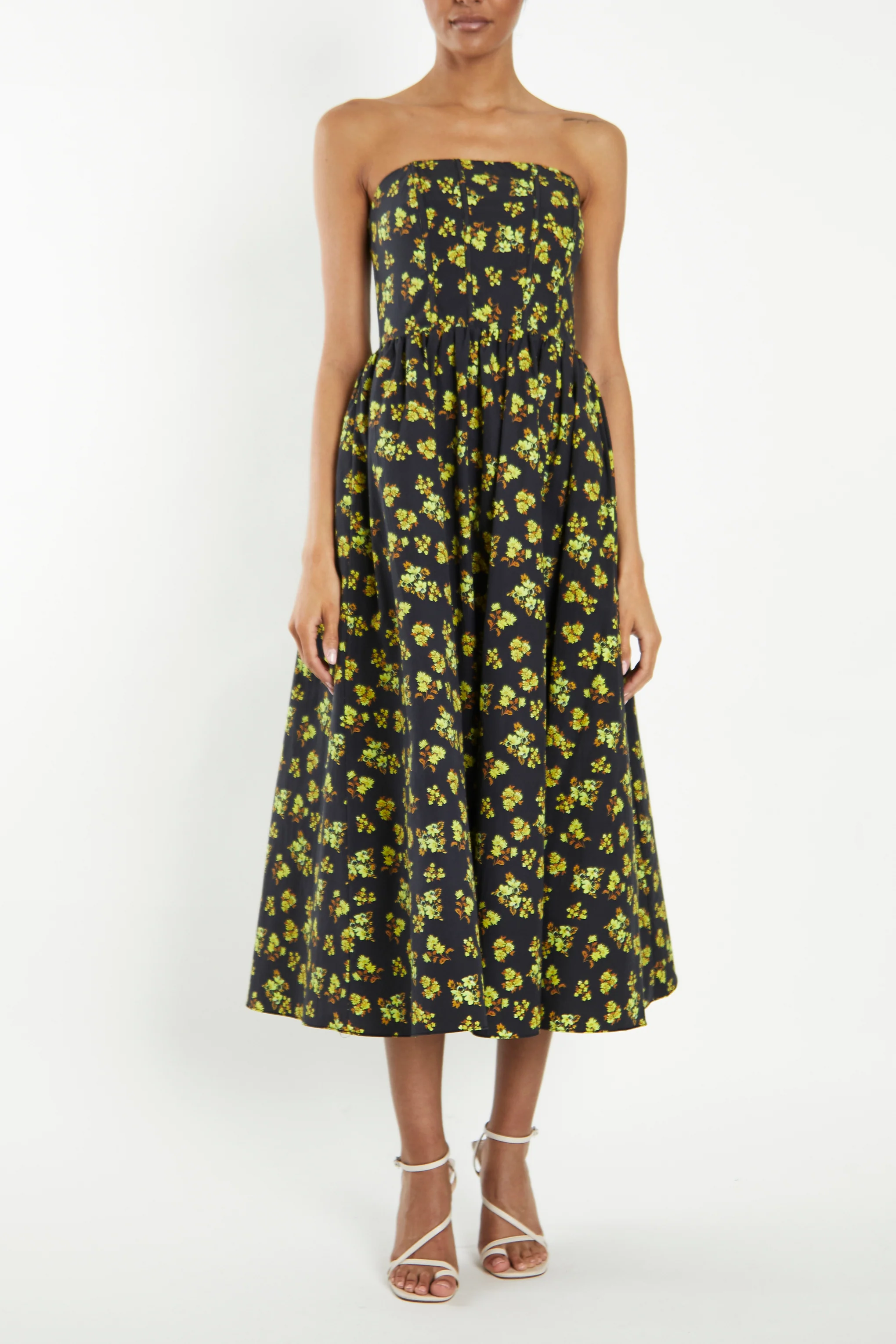 Henrietta Navy-Yellow-Ditsy-Floral Strapless Corset Midi-Dress