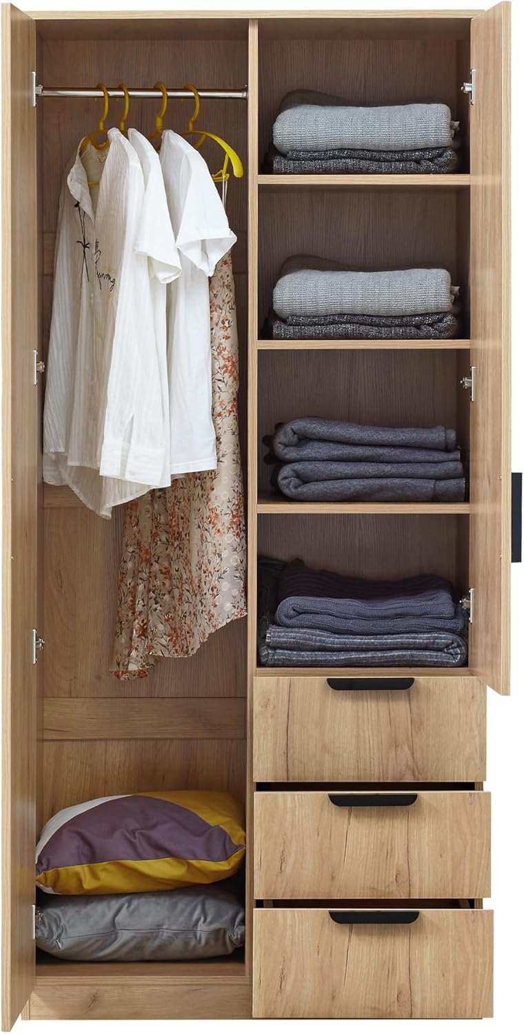[en.casa] Wardrobe for Bedroom Closet with Doors 4 Compartments Coat Rack 3 Drawers 176 x 80 x 52 cm Oak Effect