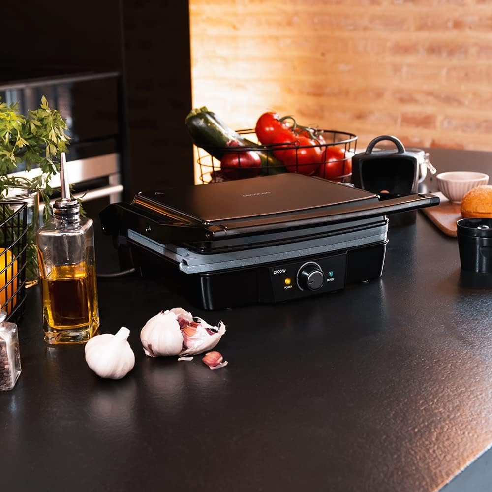 Cecotec Piastra e Griglia elettrica Rock'nGrill 2000 Stone Ceramic Mix&Grill. 2000 W, Grill, Griglia, Ferro e Sandwichera, Rivestimento Ceramico, Superfie Misto Apertura 180°, Scatola Raccolta, Inox