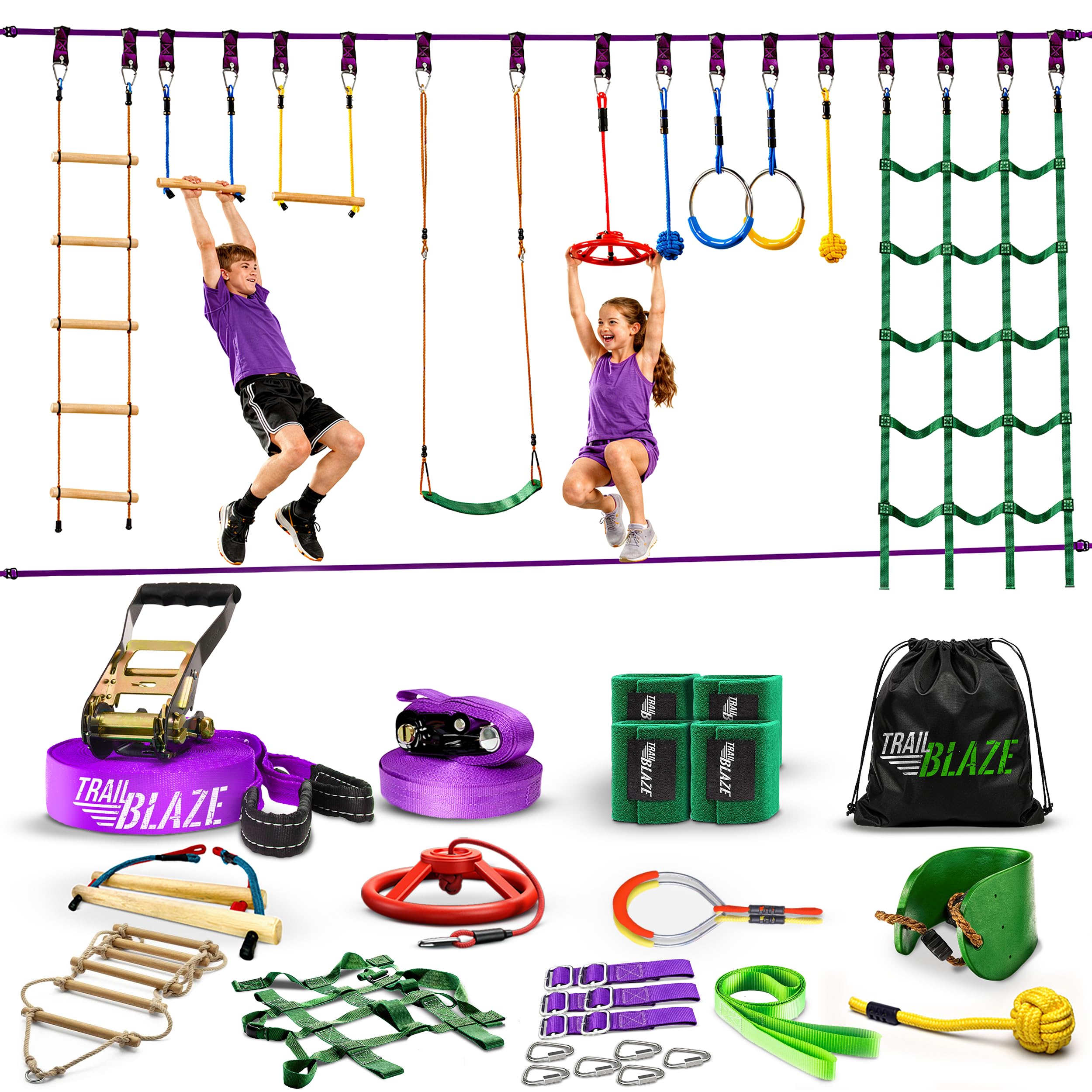 Trailblaze Ninja Warrior Slackline Set TB015 für Kinder mit 10 Hindernissen 2 x 16,8 m Slackline Klettern Hangeln Schwingen und Balancieren