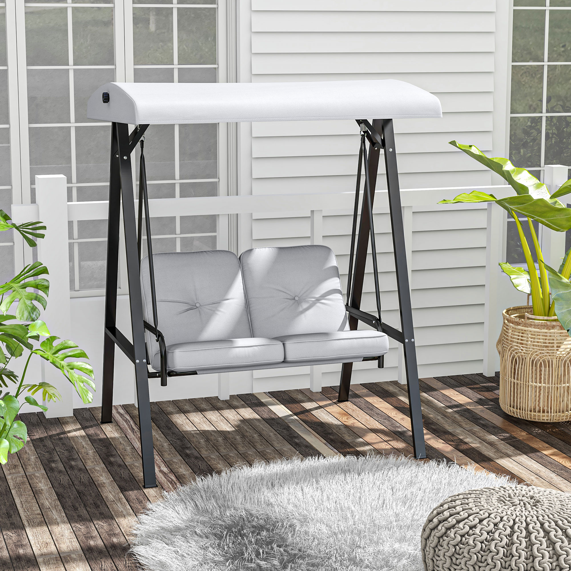 Outsunny Hollywoodschaukel, 2-Sitzer Gartenschaukel mit verstellbarem Dach, bis 220 kg belastbar, 145 x 116 x 172 cm, Grau