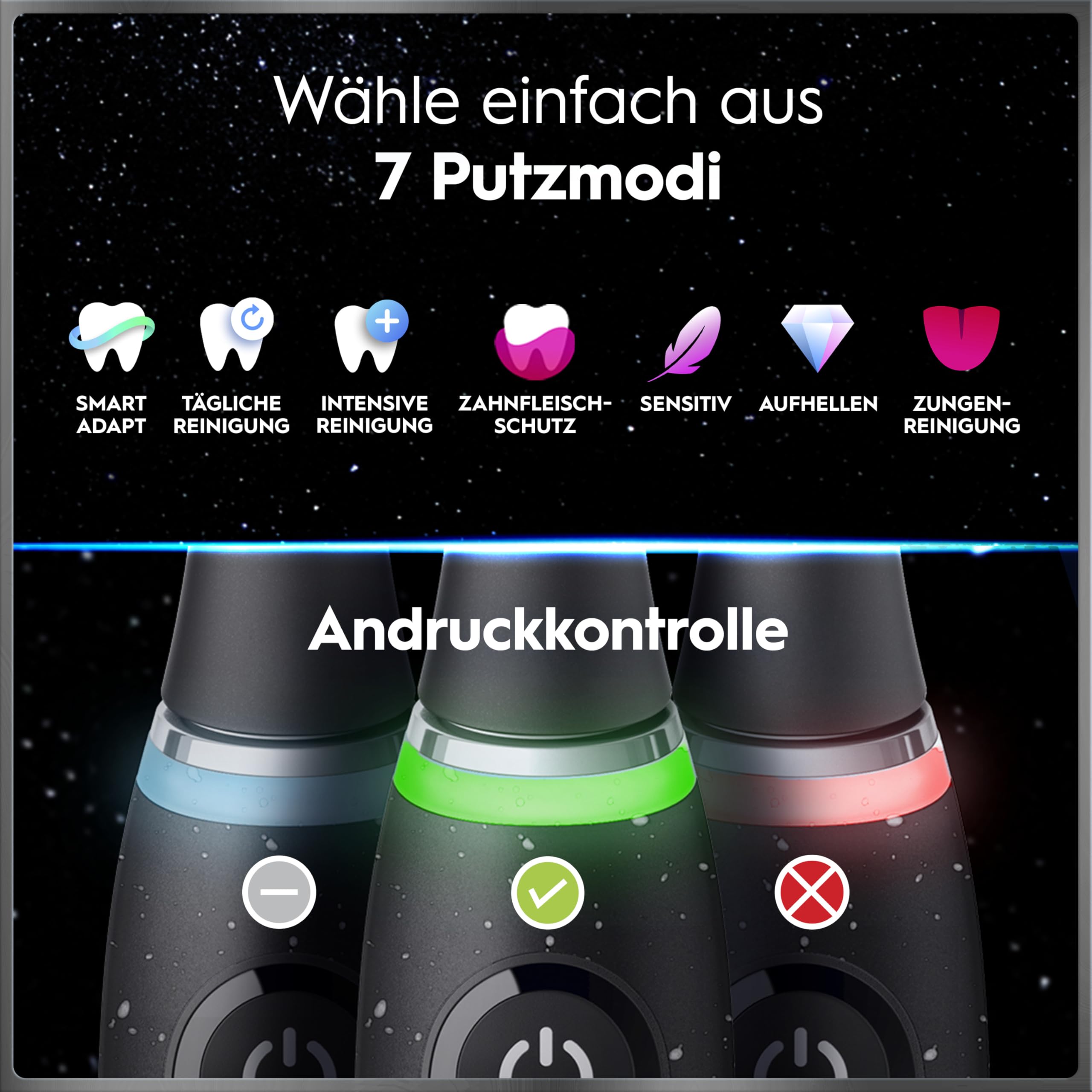 Elektrische Zahnbürste iO Series 10 mit iO Sense Ladestation, 3 Aufsteckbürsten, Lade-Reise-Etui und 7 Putzmodi in Cosmic Black