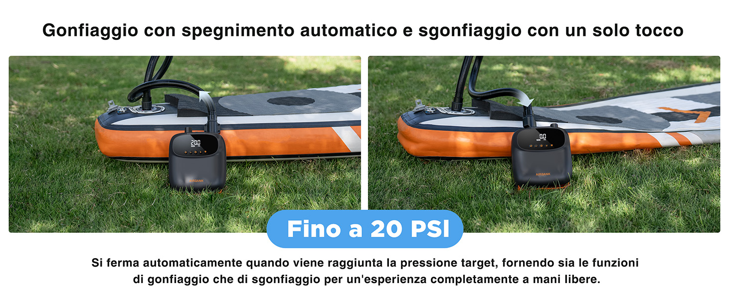 Sistema di gonfiaggio automatico per paddleboard o attrezzatura gonfiabile, che mostra due fasi di funzionamento con una pressione