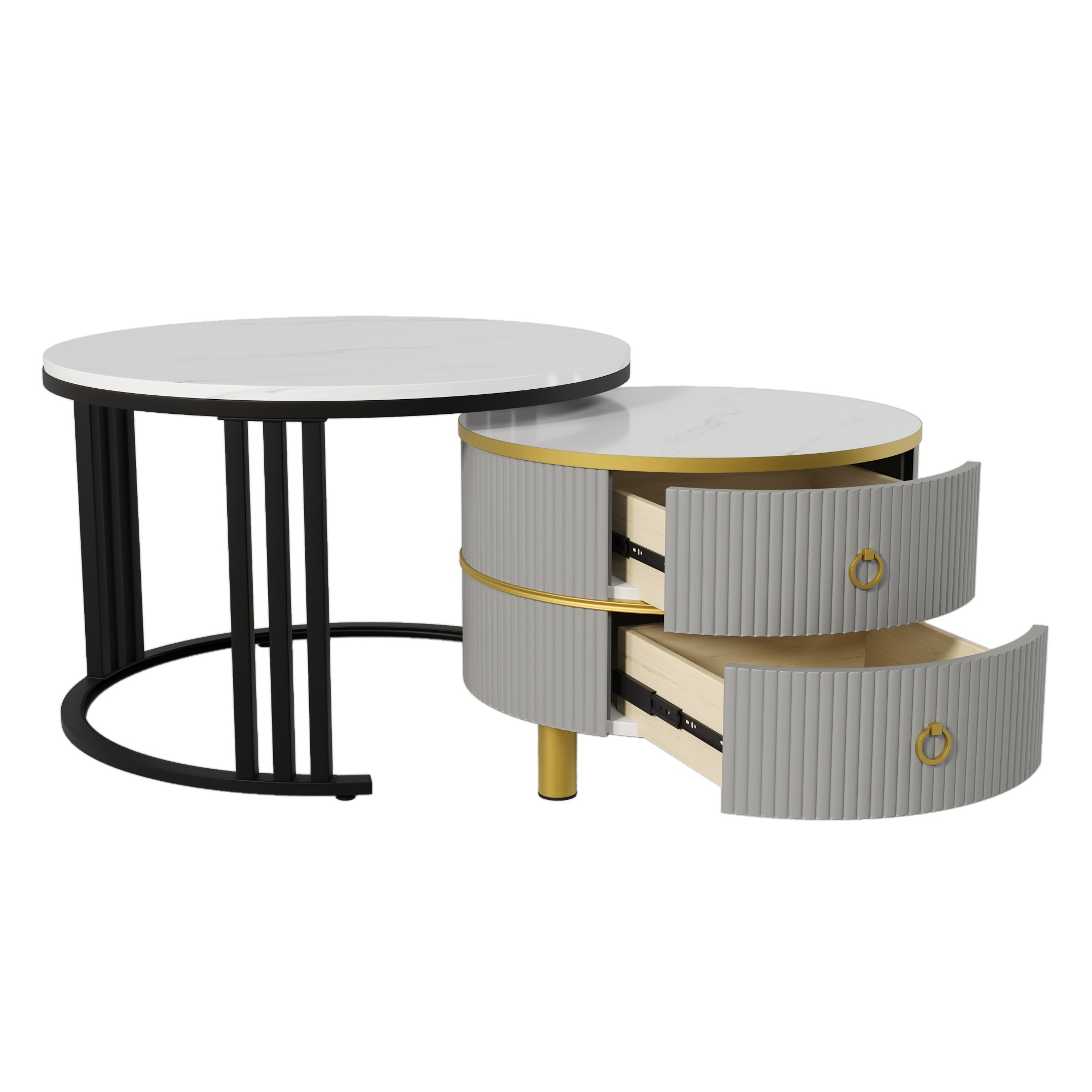 2-in-1 Couchtisch-Set mit Marmormuster und Hochglanz, runde Tische mit Schubladen, MDF und Metallbeine, Weiß+Schwarz