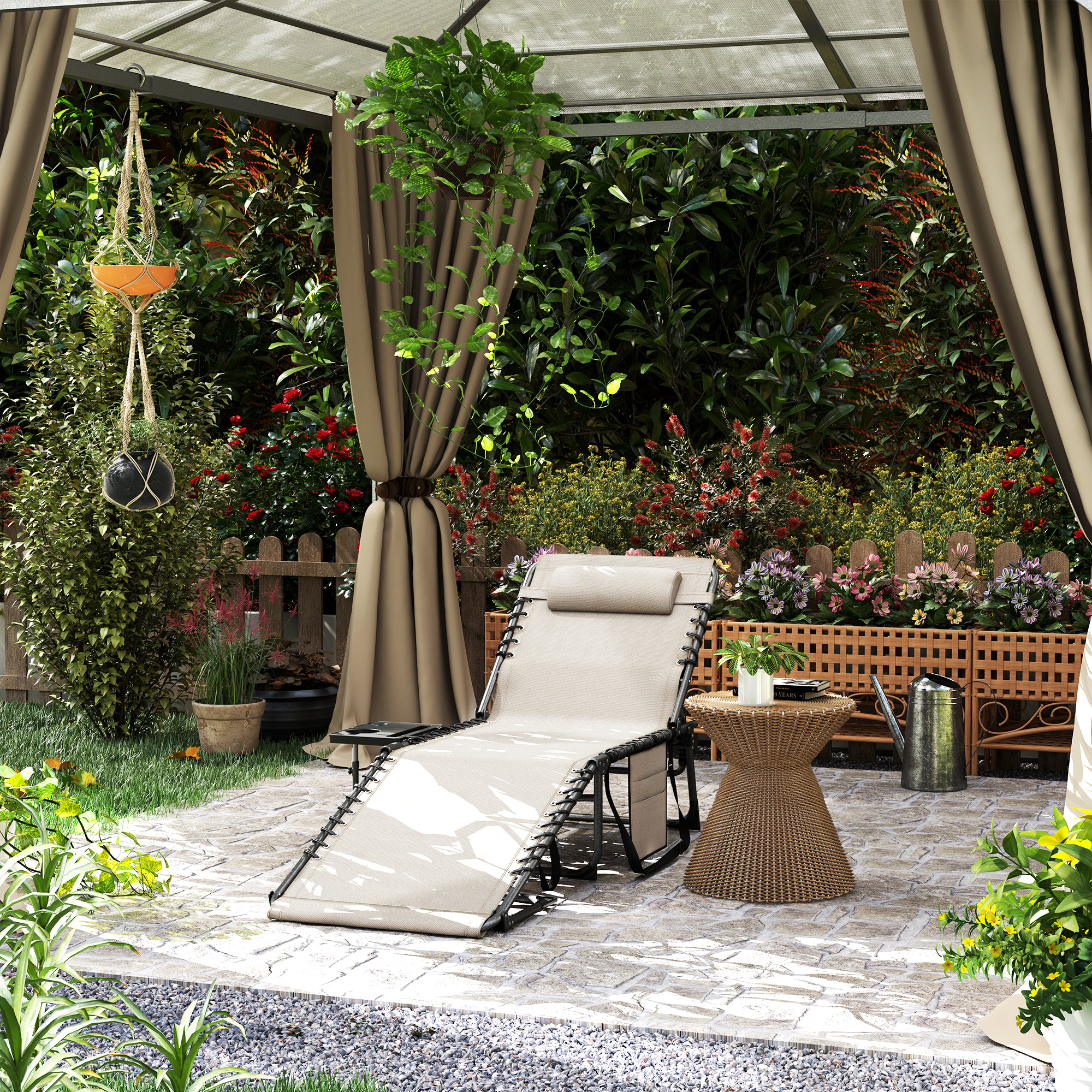 Outsunny Gartenliegestuhl Faltbar und in 5 Positionen verstellbar mit Seitentisch und Tasche, 60x190x31 cm, Cremeweiß