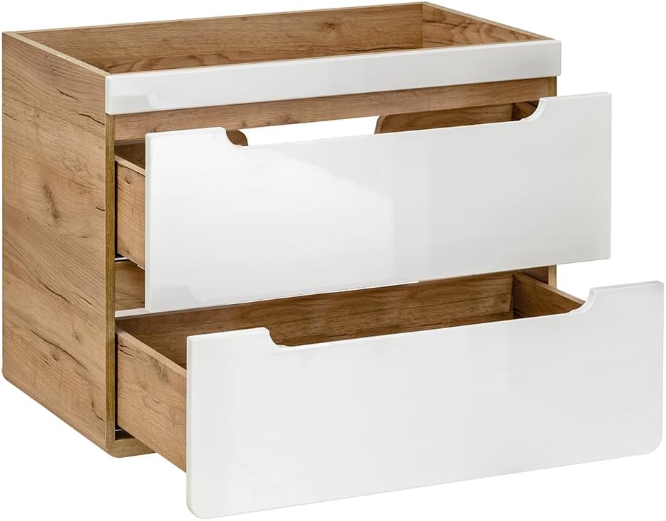 Lomadox Badmöbel Set in Hochglanz weiß mit Wotan Eiche Nb., Keramik-Waschtisch mit 81 cm Unterschrank, LED-Spiegelschrank, Hängeschränke, Hochschrank