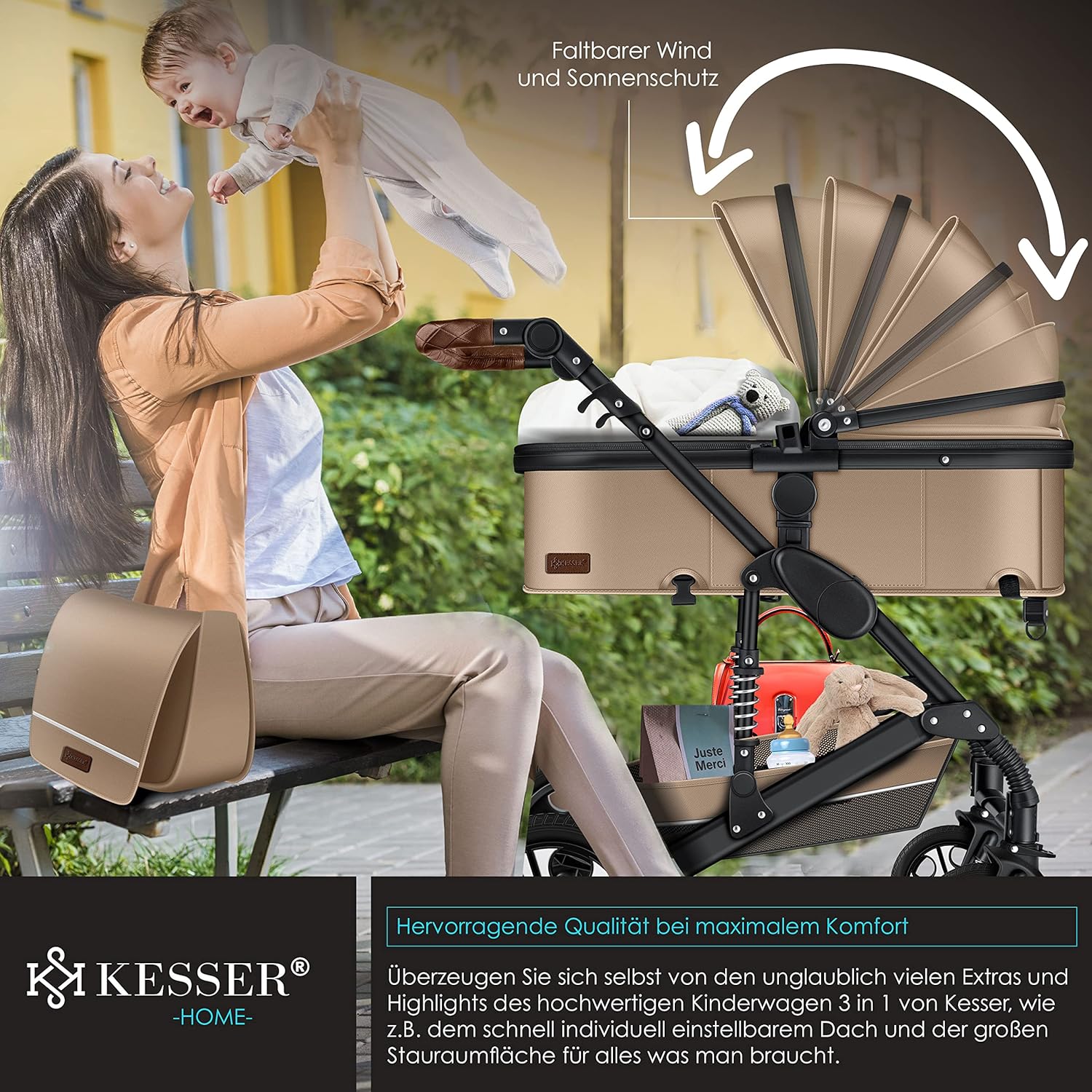 KESSER® Loops 3 in 1 Kinderwagen Kombikinderwagen Komplett-Set inkl. Babywanne & Buggy Sportsitz & Auto-Babyschale Voll-Gummireifen Wickeltasche Regenschutz Kindertisch ECE R129, Schwarz/Schwarz