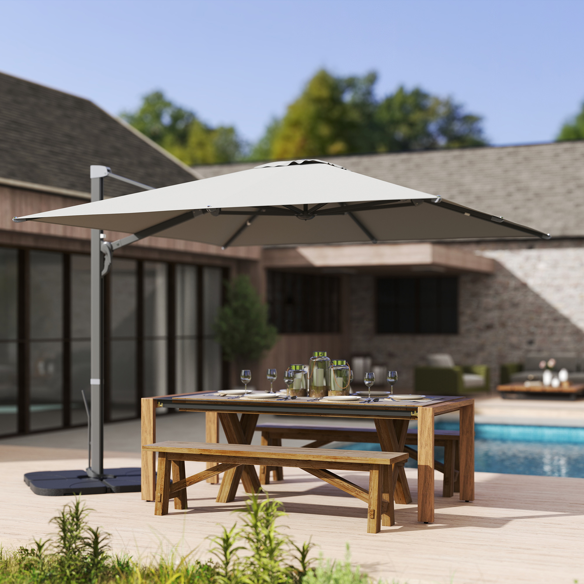 Outsunny Alu Ampelschirm 3 x 3 m 360° drehbar Sonnenschirm mit Kurbel Ständer Windschutz Hellgrau