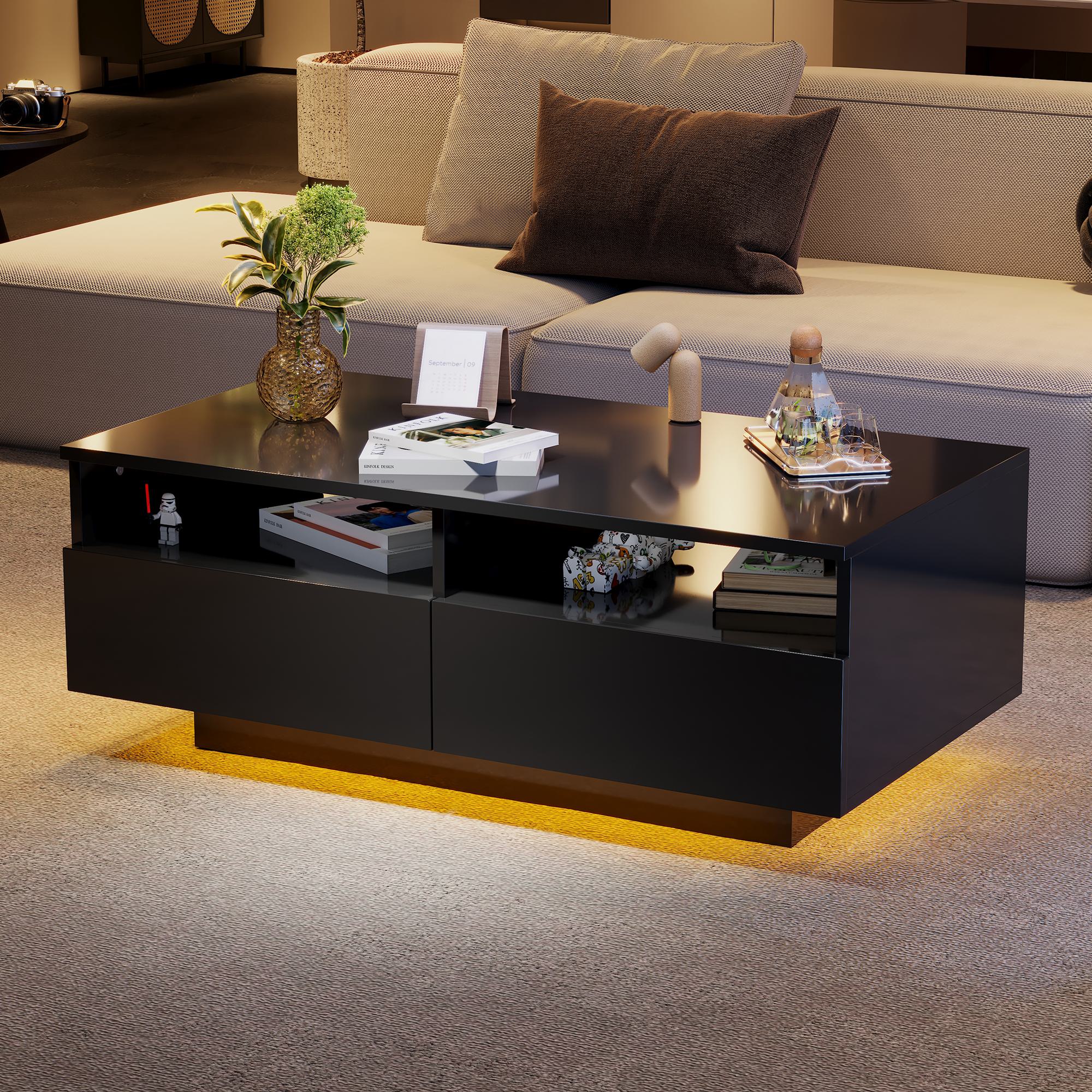 LED Hochglanz Couchtisch mit 2 Schubladen, Modern Center Table mit LED-Lichtern in 16 Farben, USB, 95×50×35 cm, Schwarz
