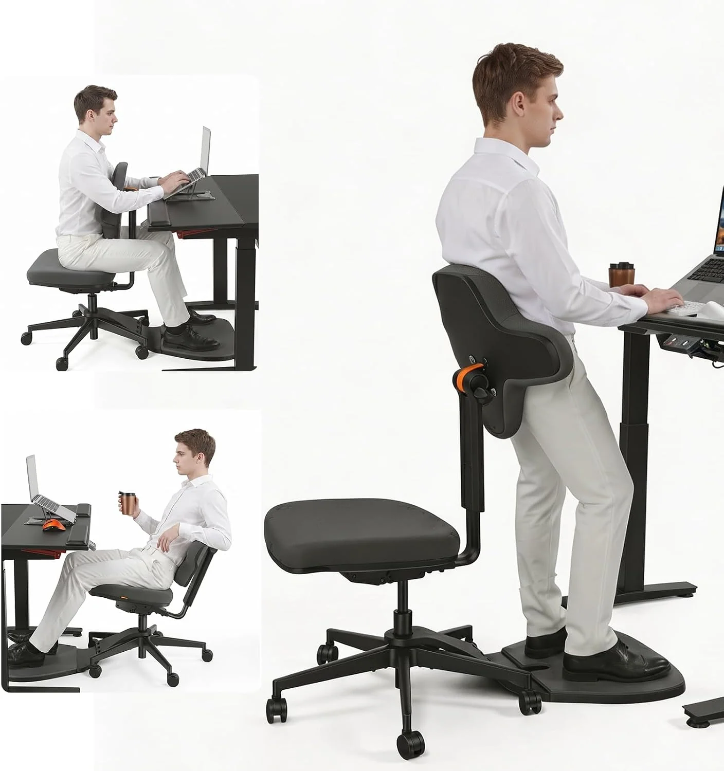 Newtral Schreibtisch, Schwarz, Stehpult-Stuhl, Standing Mate-Sitz für Sitz-Steh-Wechsel, ergonomischer Anlehn-Hocker mit Anti-Ermüdungsmatte