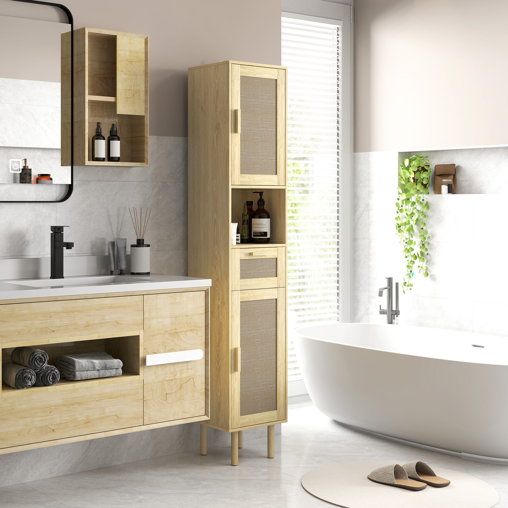 HOMCOM Badezimmerschrank Aufbewahrungsschrank mit Rattantüren Schublade 2 Schränken 32 x 30 x 170 cm Eiche