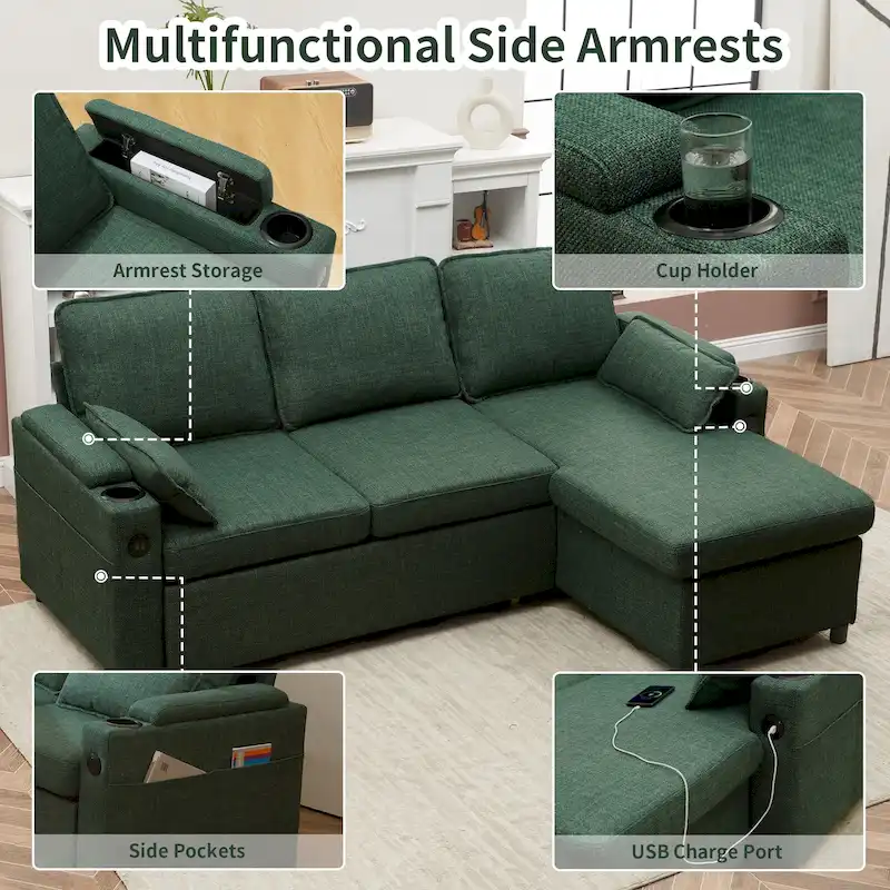 80 L-Shaped Sofa Couch Bed, Sofa Sleeper with Pull Out Bed, Reversible Sleeper Sofa Bed