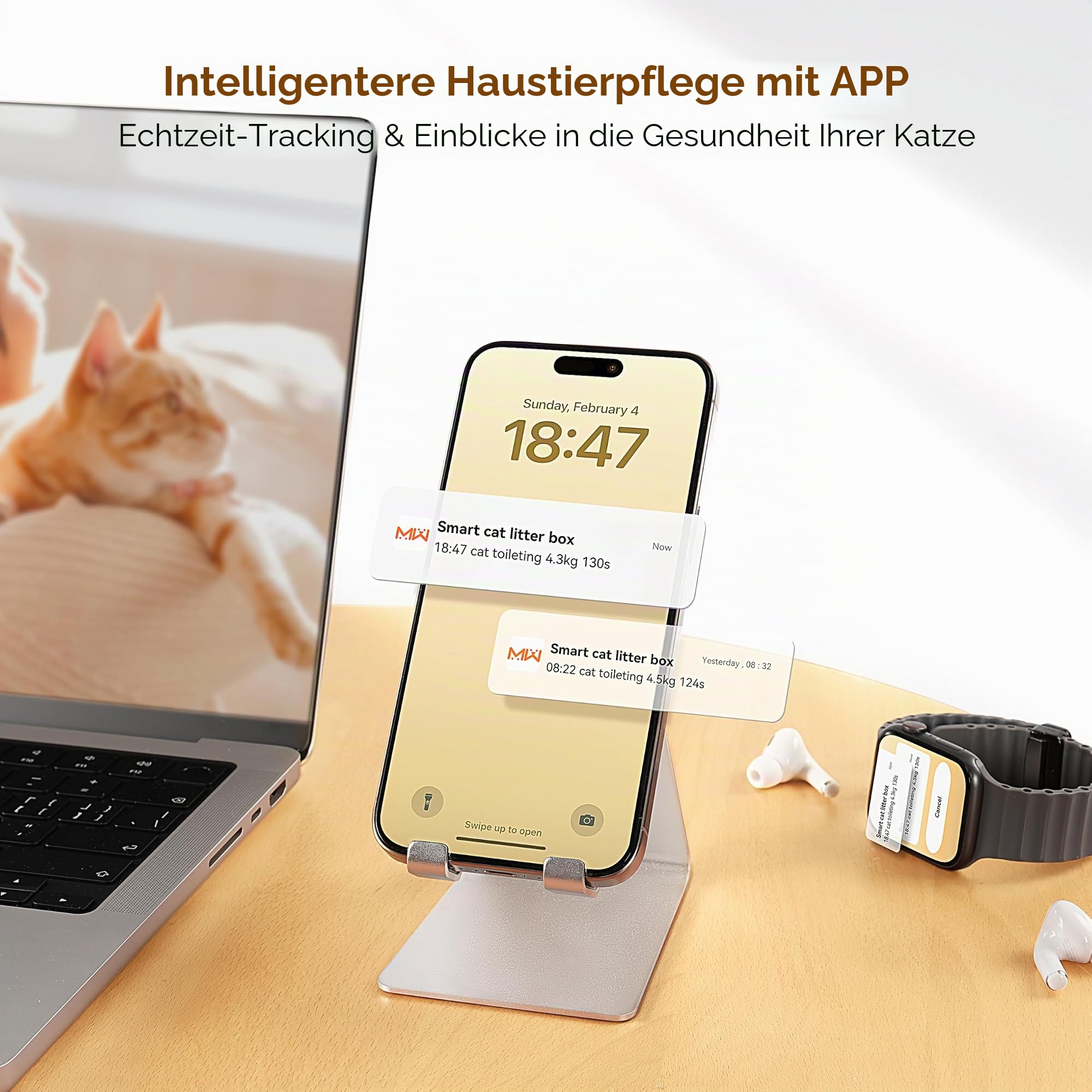 Selbstreinigende Katzentoilette mit App-Steuerung Sicherheitssensoren automatischer Reinigung Geruchsverschluss 57,6 l Grau