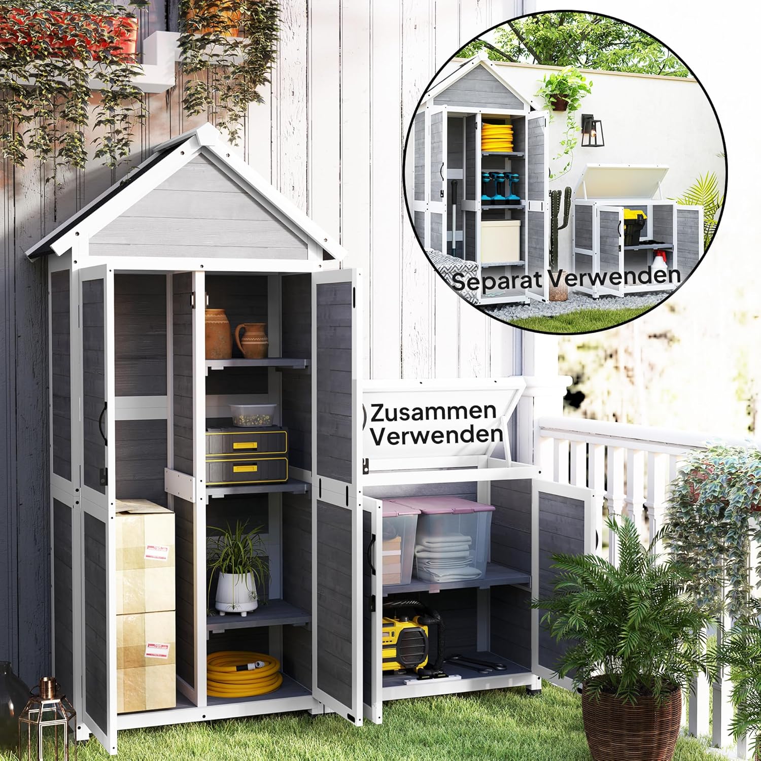 Outsunny 2 in 1 Gartenschrank Holz, Geräteschrank mit Satteldach Aufbewahrungsschrank Ablage 89x51x182cm, Gerätehaus mit Abschließbar Tür wetterfest Geräteschuppen für Terrasse, Garten, Hellgrau