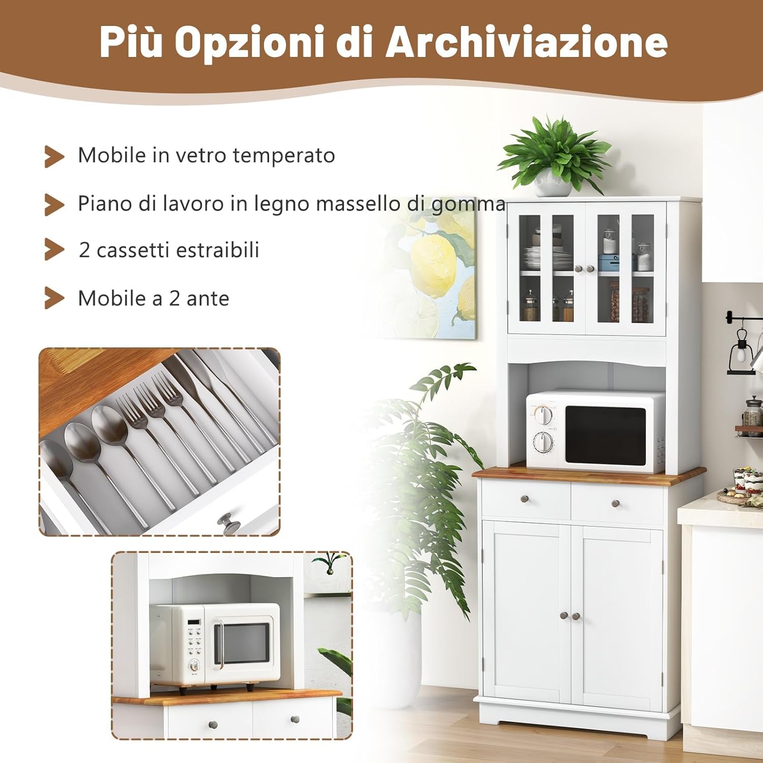 GYMAX Credenza da Cucina Alta, 68 x 40 x 170, Mobile Dispensa in Legno di Gomma, con 2 Ante in Vetro Temperato, Ripiani Regolabili, 2 Cassetti, Mobile per Sala da Pranzo, Bianco