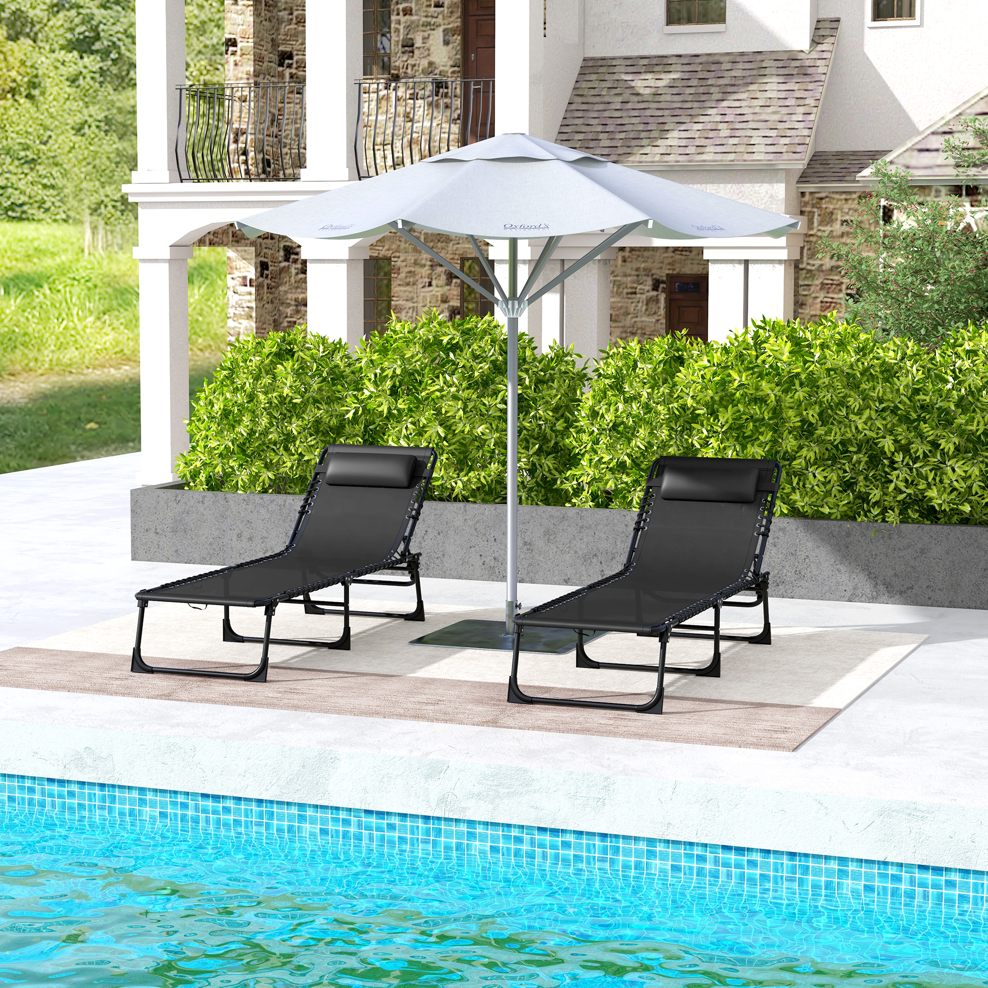 Outsunny Set aus 2 Sonnenliege Verstellbarer Stuhl Multi-Positions Stahl Elastische Schnüre Textilen Schwarz