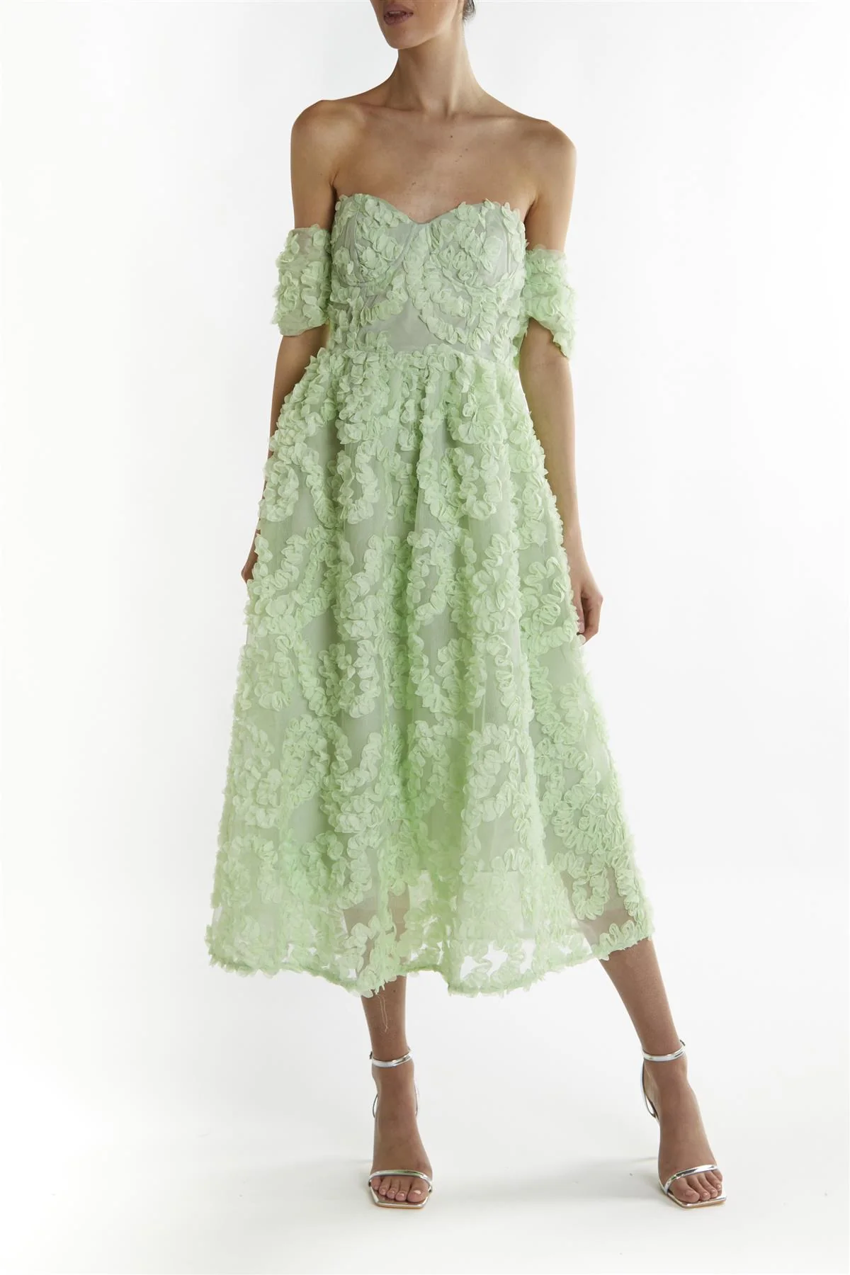Sage-Green Amelia Bardot Bust Cup Midi Dress