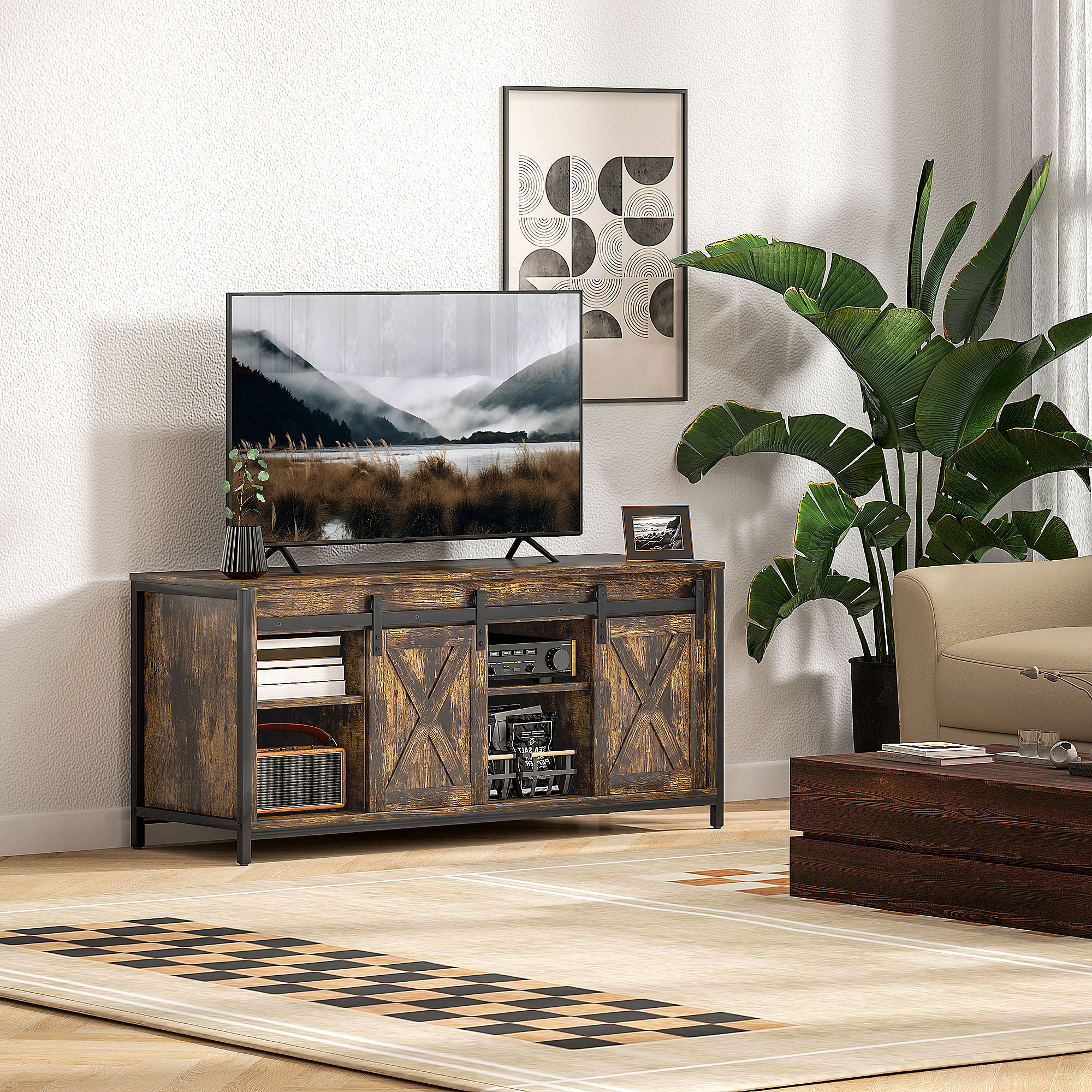 HOMCOM TV Lowboard, Industrial Design, für 60'' TVs, 6 Fächer, 2 Schiebetüren, Braun/Schwarz