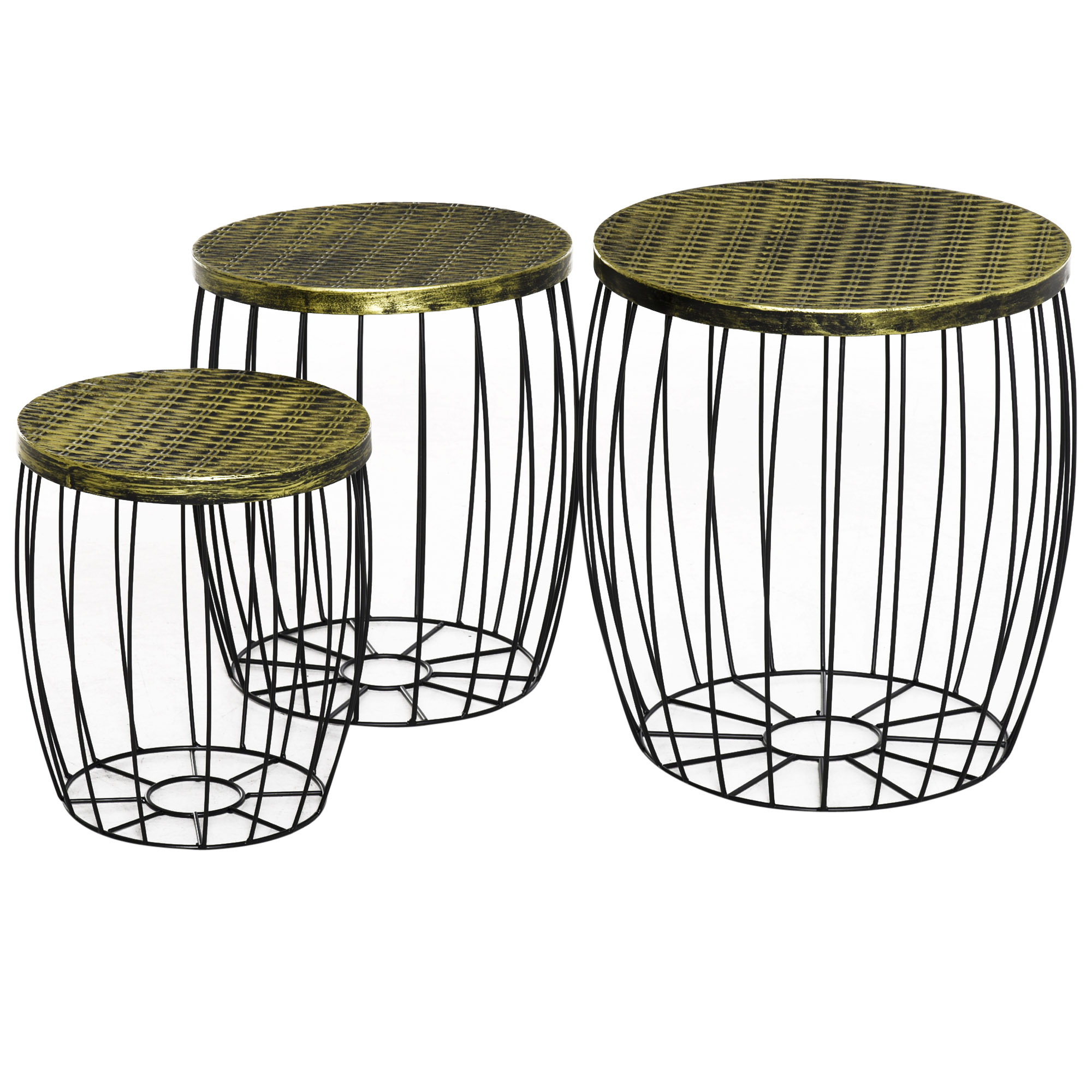 Outsunny 3er-Set Couchtische Beistelltische Gartentisch Retro Metallkorb Drahtkorb Garten Satztisch Gartenmöbel Outdoor Balkon Metall Natur+Schwarz 3 Größen