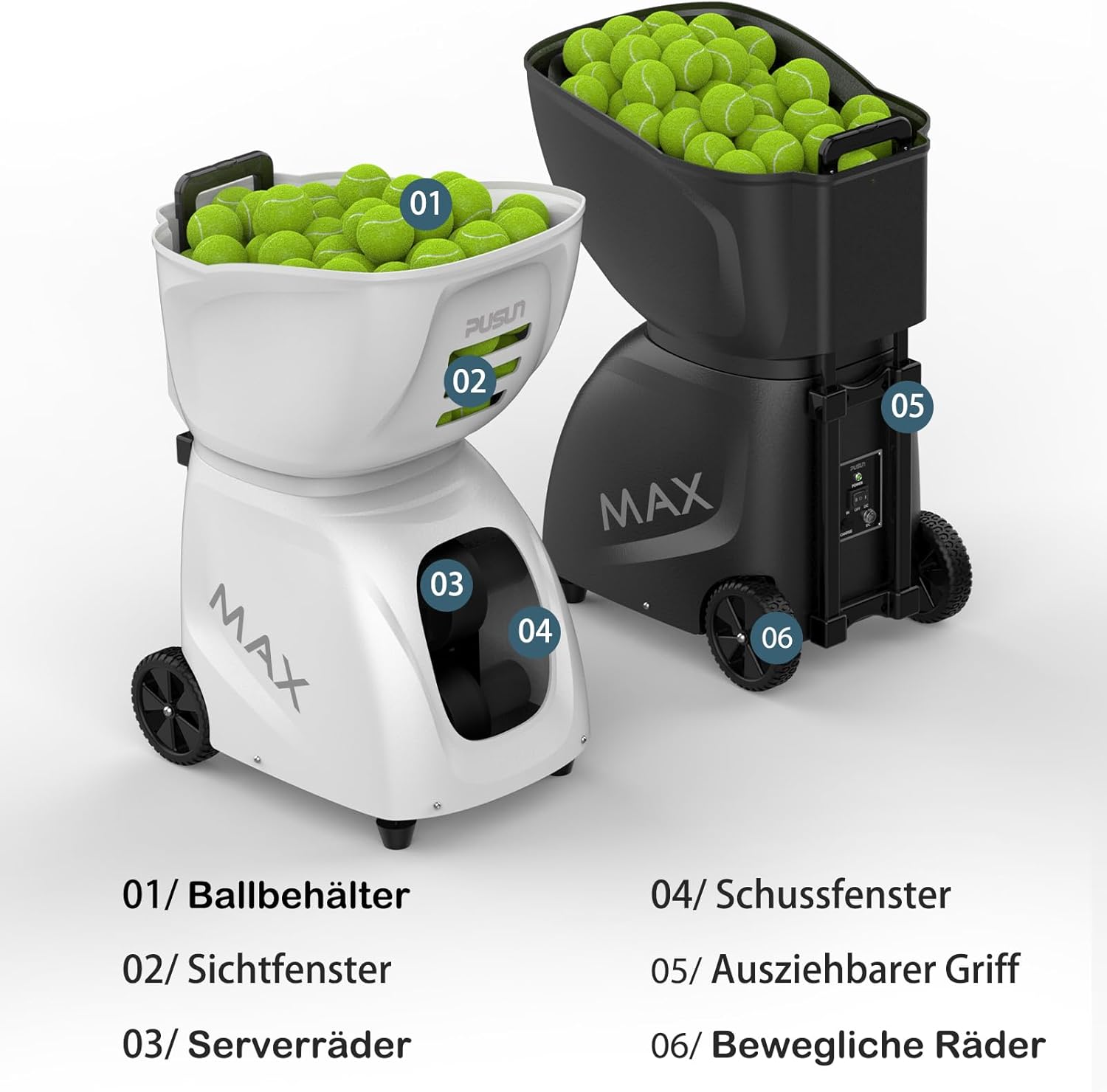 PT-MAX C Tennisballmaschine - Profi Ballwerfer mit APP-Steuerung (App für Watch), 28 Landepunkte & 26 Modi, Smart Trainer für alle Spielniveaus mit variablem System (5-7 Std.)
