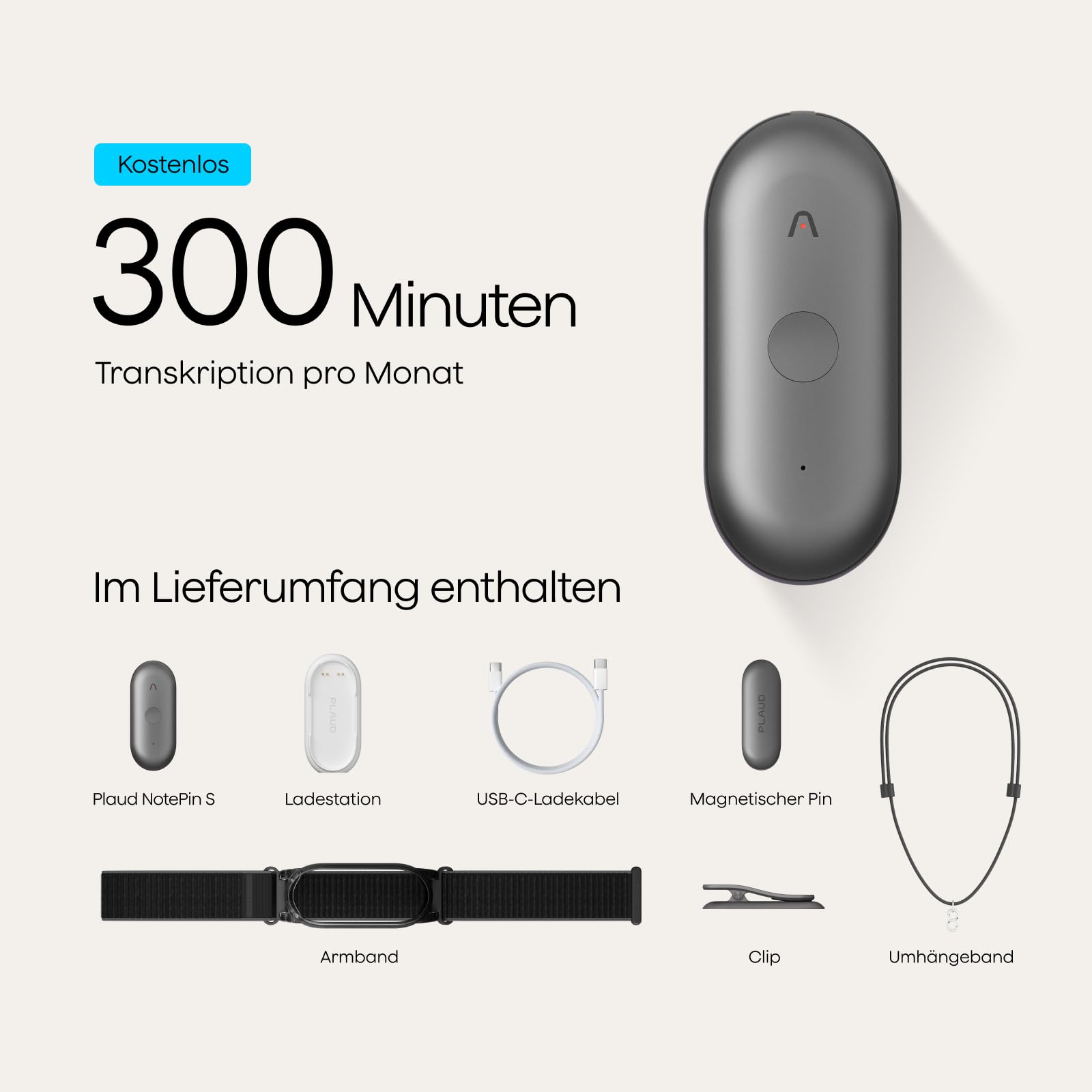 KI-Diktiergerät NotePin S 64 GB 20 Std. Aufnahme KI-Transkription 112 Sprachen 4 Tragevarianten mit USB-C-Ladestation