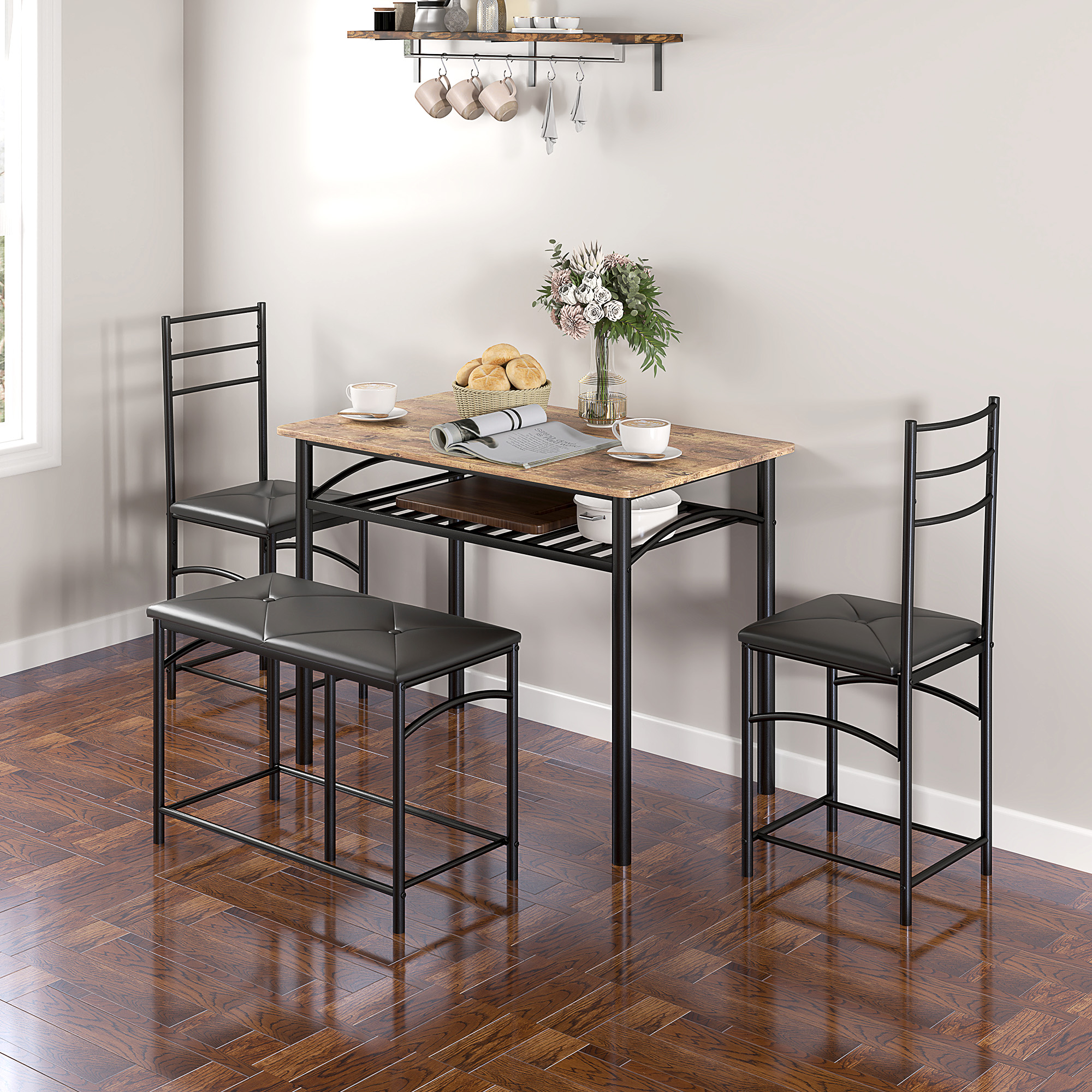 HOMCOM 4-teiliges Esszimmer-Set, Platzsparendes Set aus Tisch, 2 Stühlen und Bank, für kleine Räume, Metall, Holz, Braun