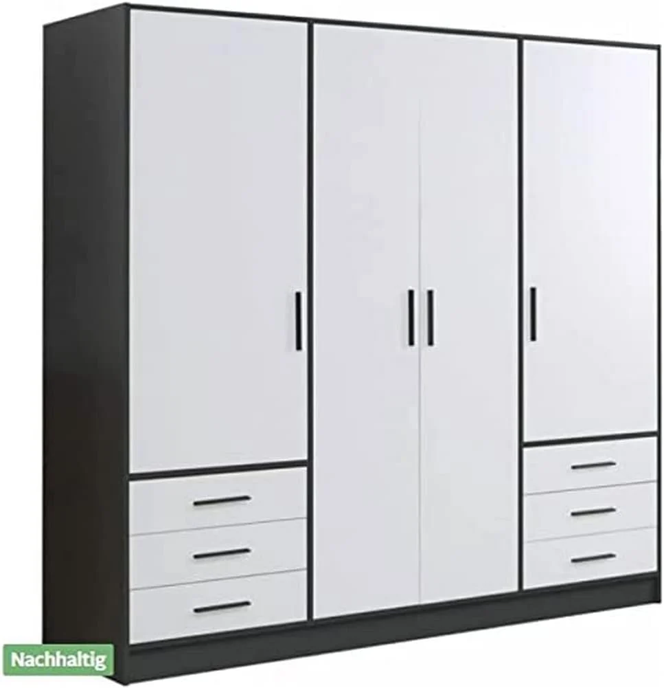 FORTE Jupiter Schrank 200 210, 4-türig, 206.5 cm breit x 60 cm tief x 200 cm hoch, mit 6 Schubladen und Einlegeböden, Kleiderschrank, Drehtürenschrank