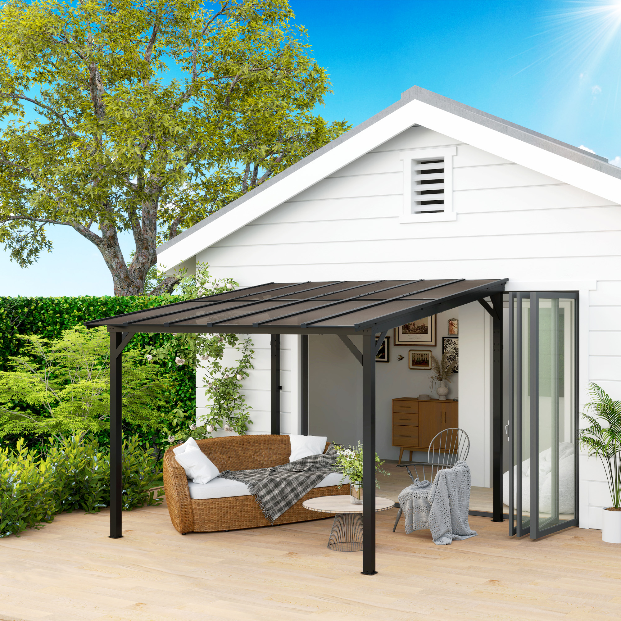 Outsunny 3 x 3 m Metallpergola, Gartenpergola mit wasserfestem Dach, freistehend, windfest, UV-beständig, Dunkelgrau