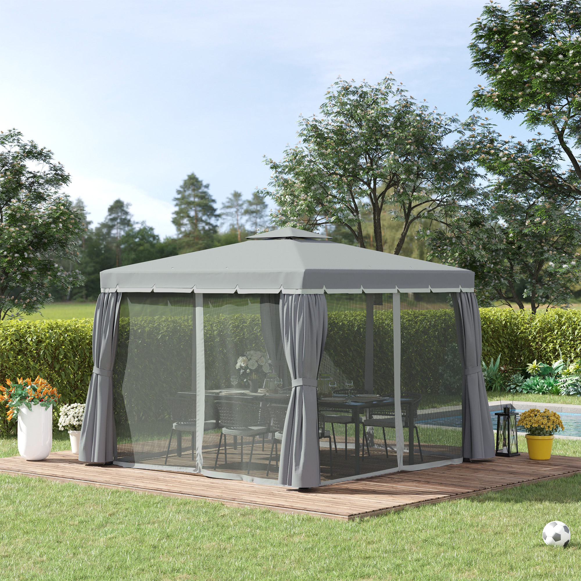 Outsunny Gartenpavillon Pavillon 2,96 x 2,96 m Gartenzelt mit Doppeldach Festzelt Partyzelt mit 4 x Seitenteile Moskitonetz wetterfest Aluminium Polyester Dunkelgrau